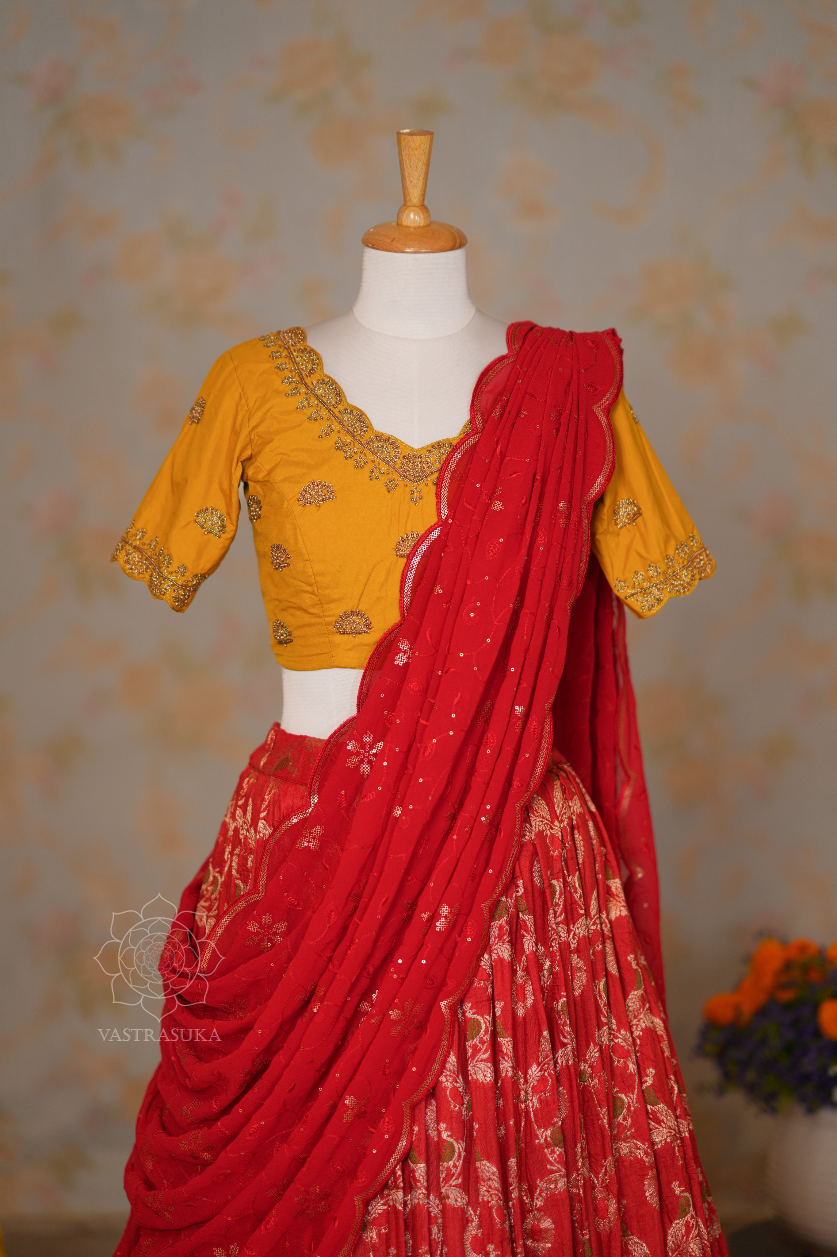 Red Zari Weaved Half Saree