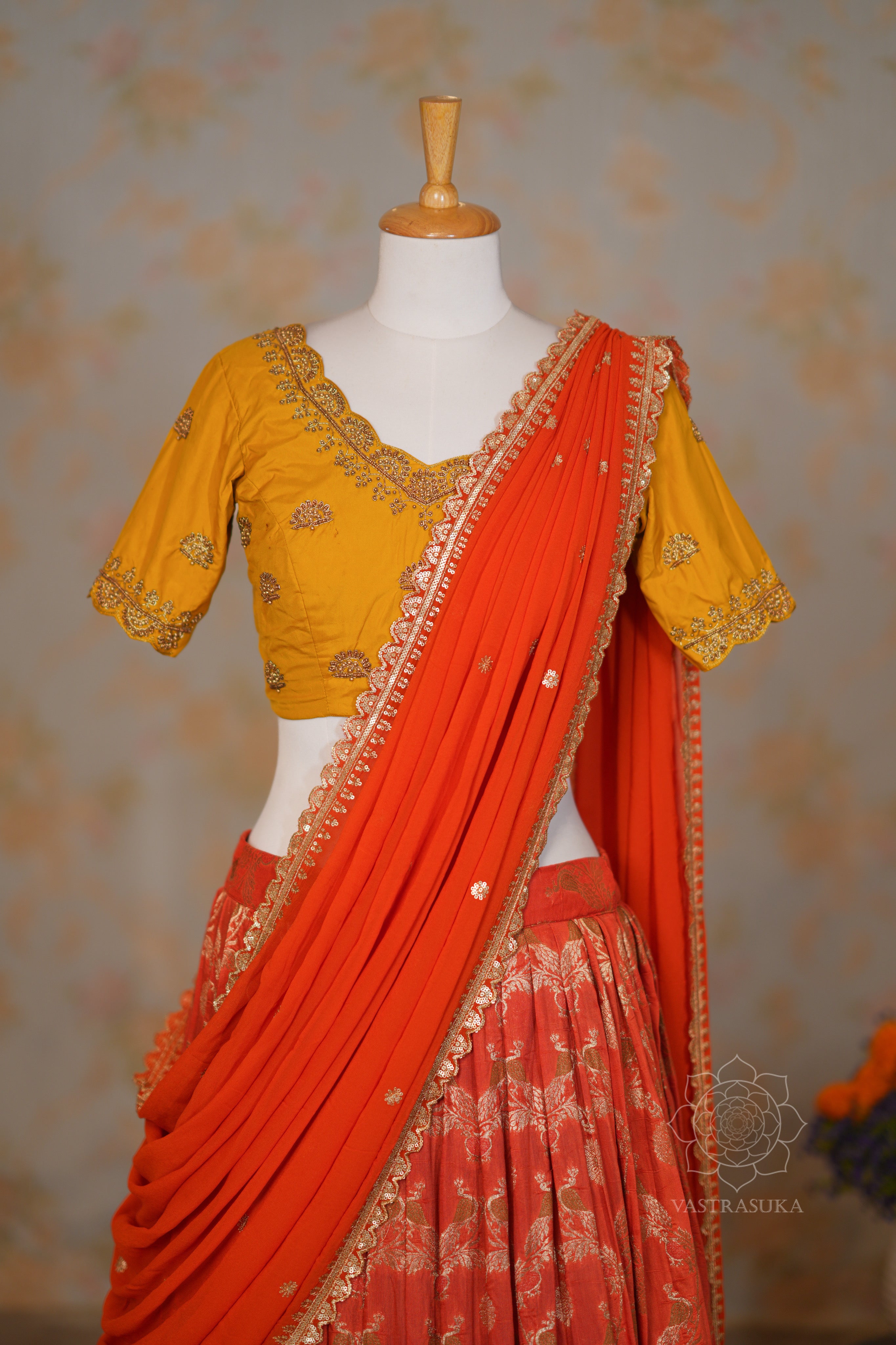 Orange Zari Weaved Half Saree