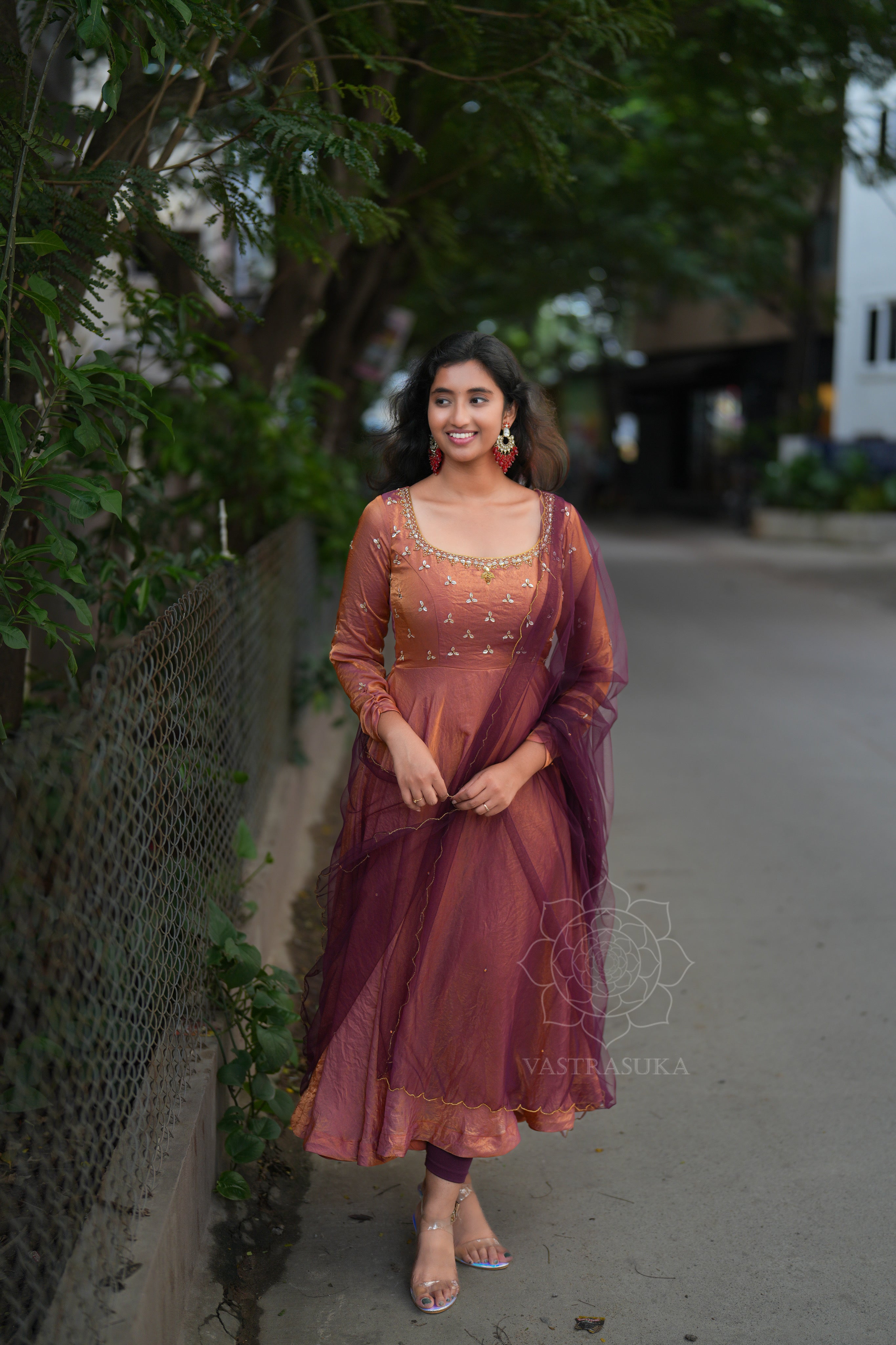 Peach & wine space silk Anarkali