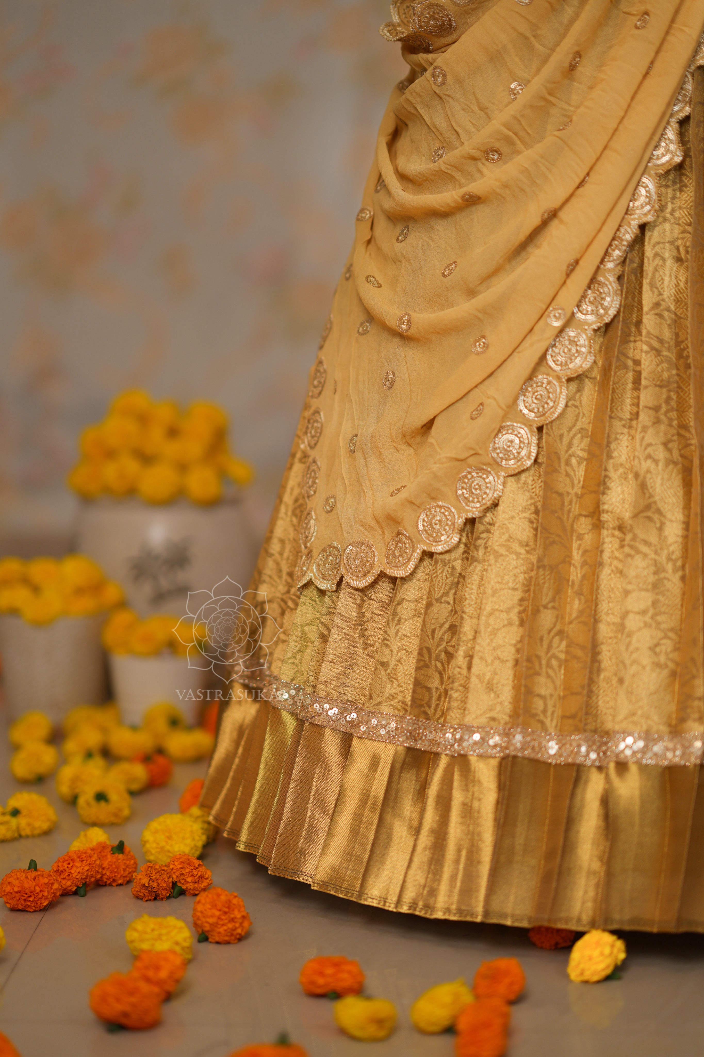 Golden Zari Weaved Banarasi Tissue Half Saree