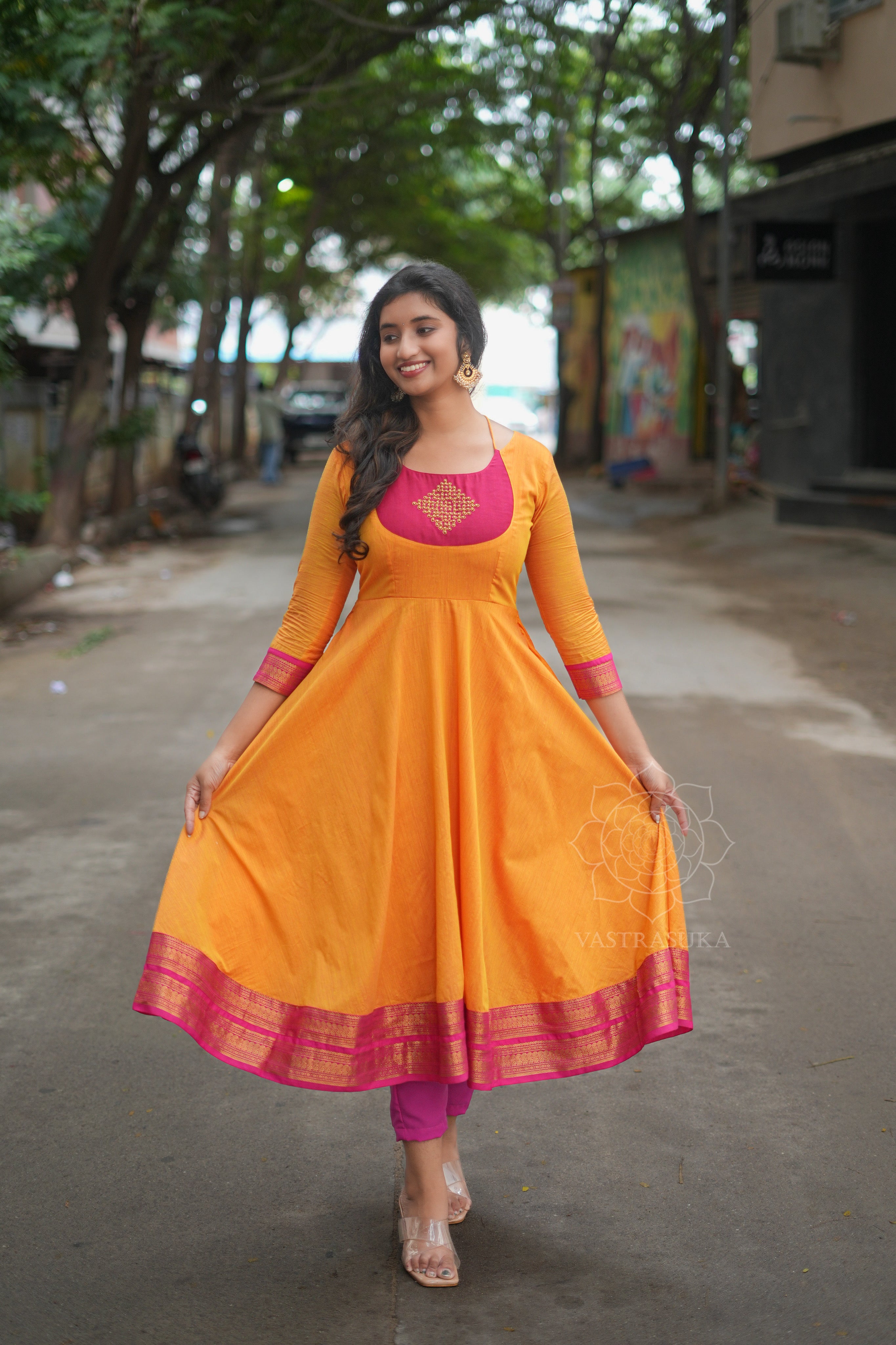Mustard & pink Kanchi cotton Anarkali