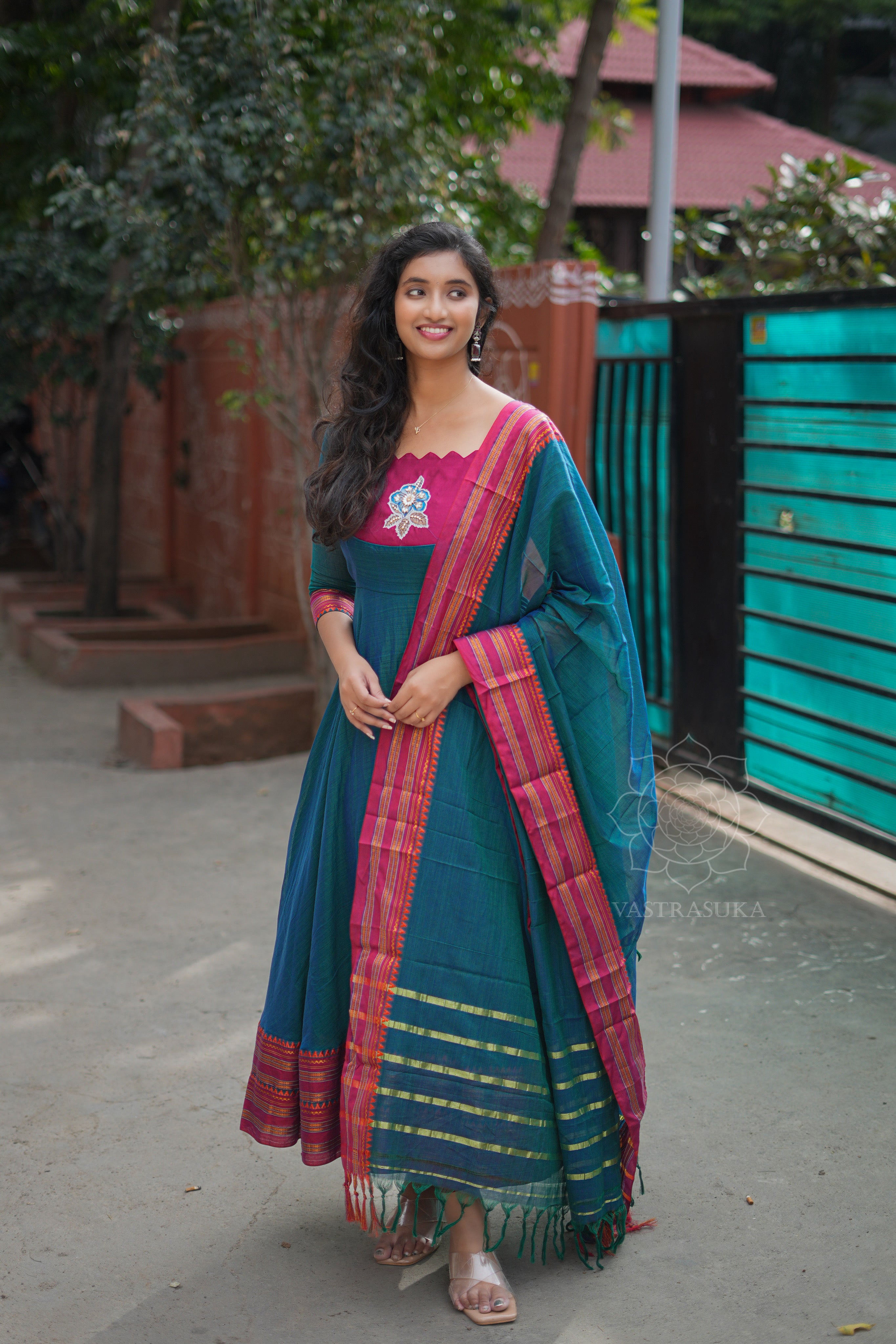 Teal blue handloom Anarkali