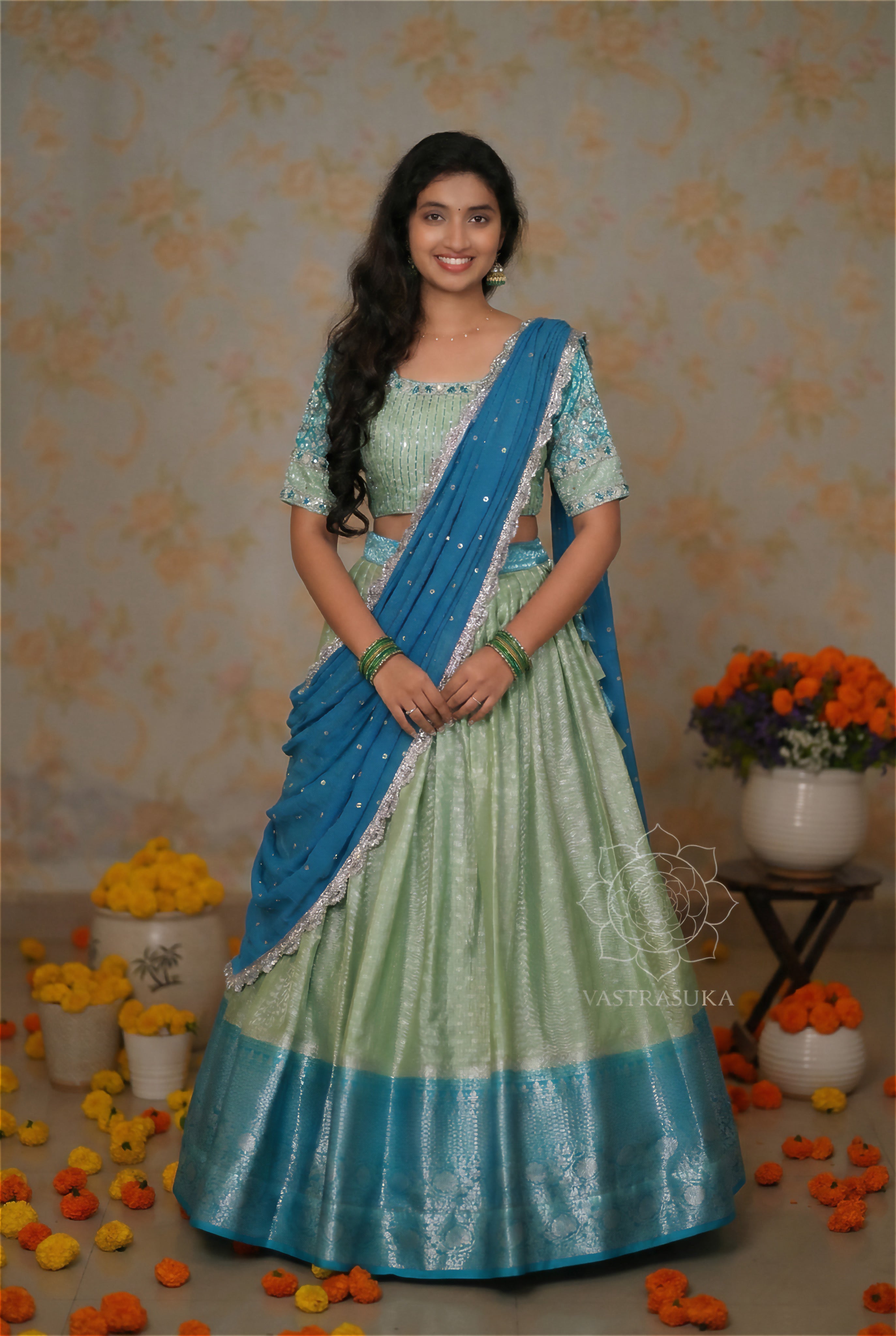 Pista and Teal Lehenga Set