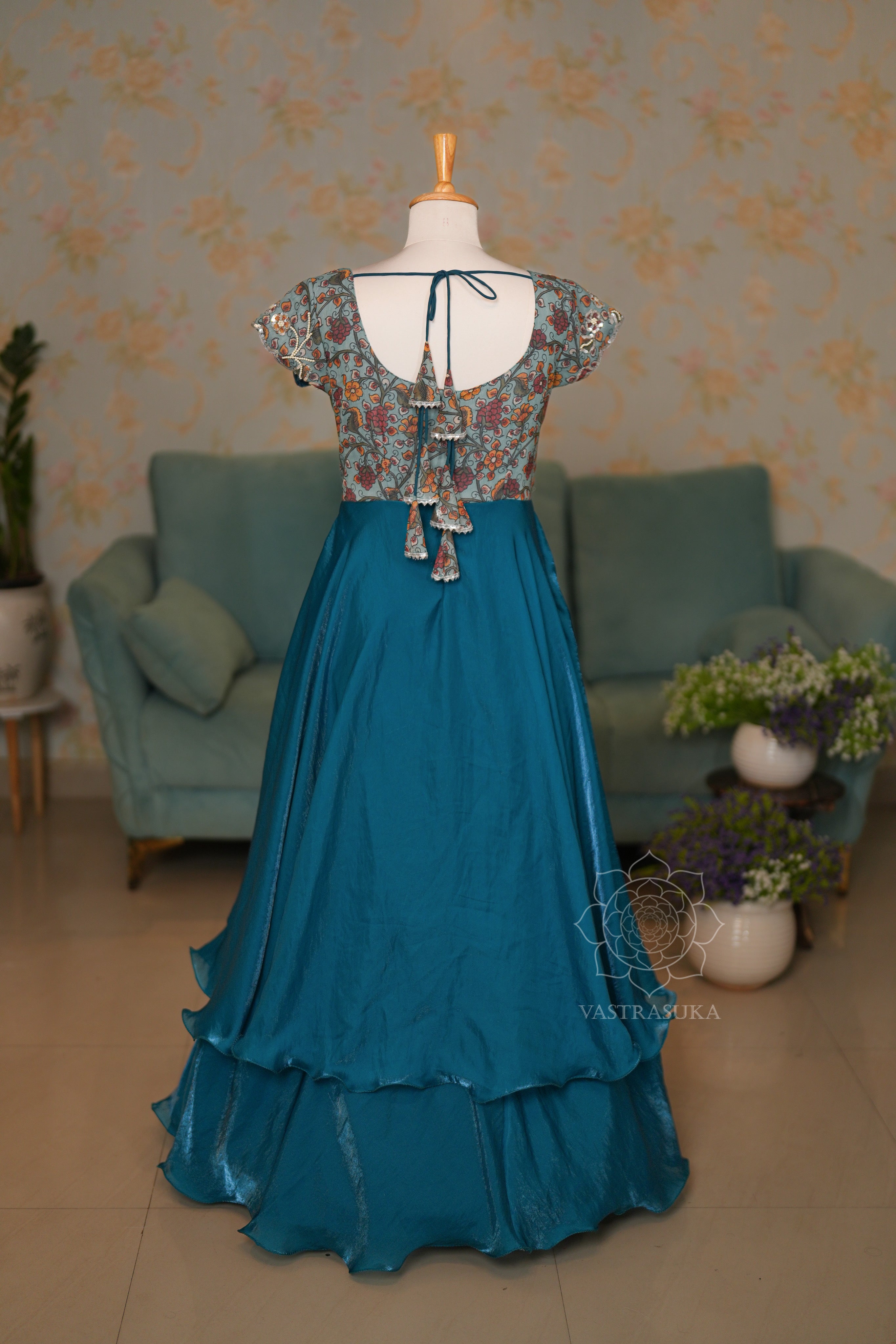 Teal blue kalamkari Long Dress Set