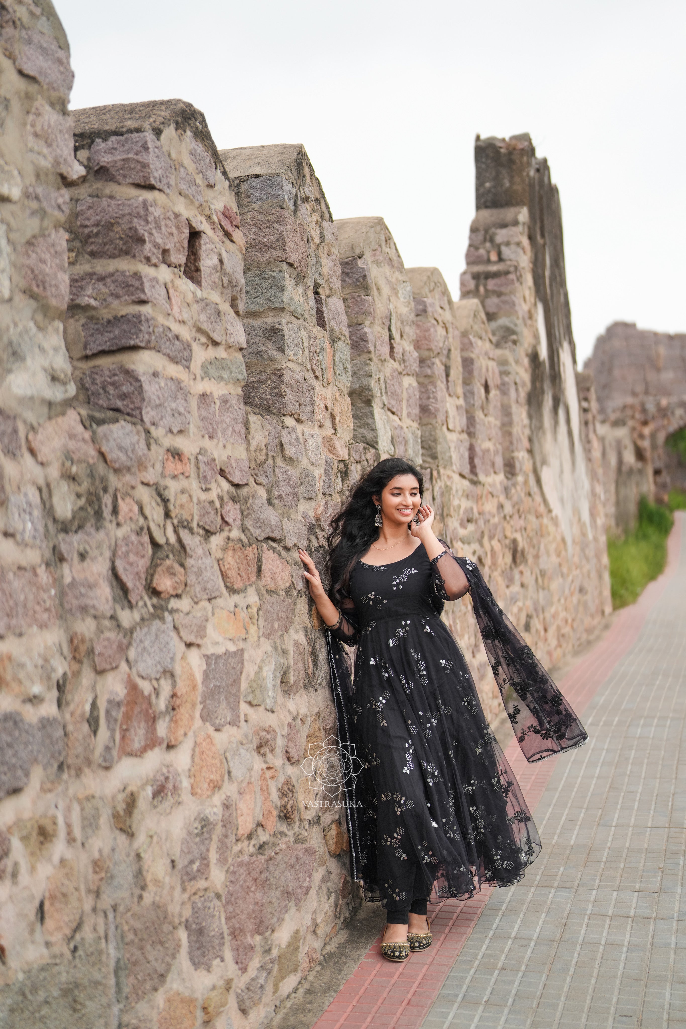 Black net long Anarkali dress