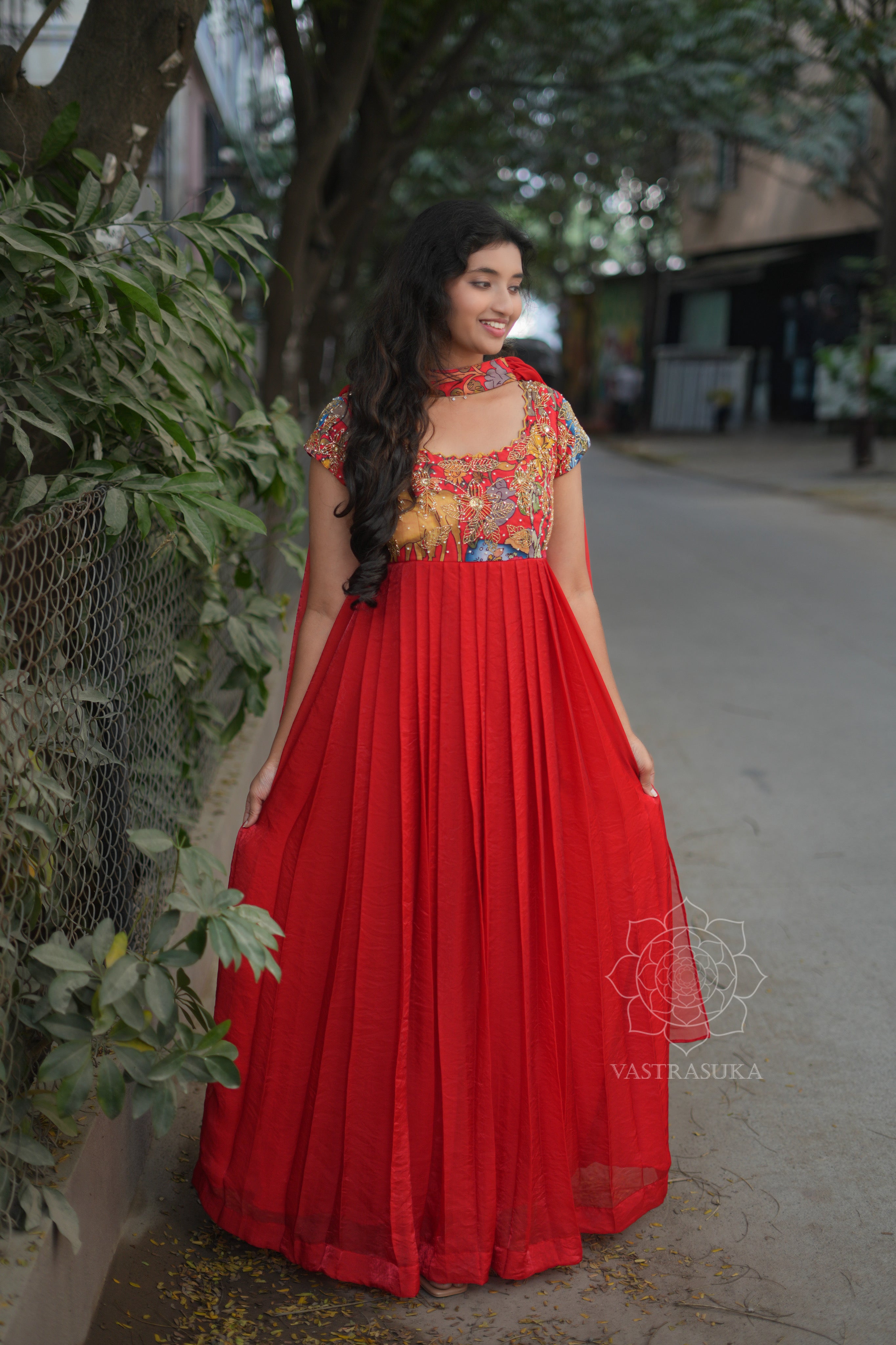 Red Kalamkari Long Dress Set