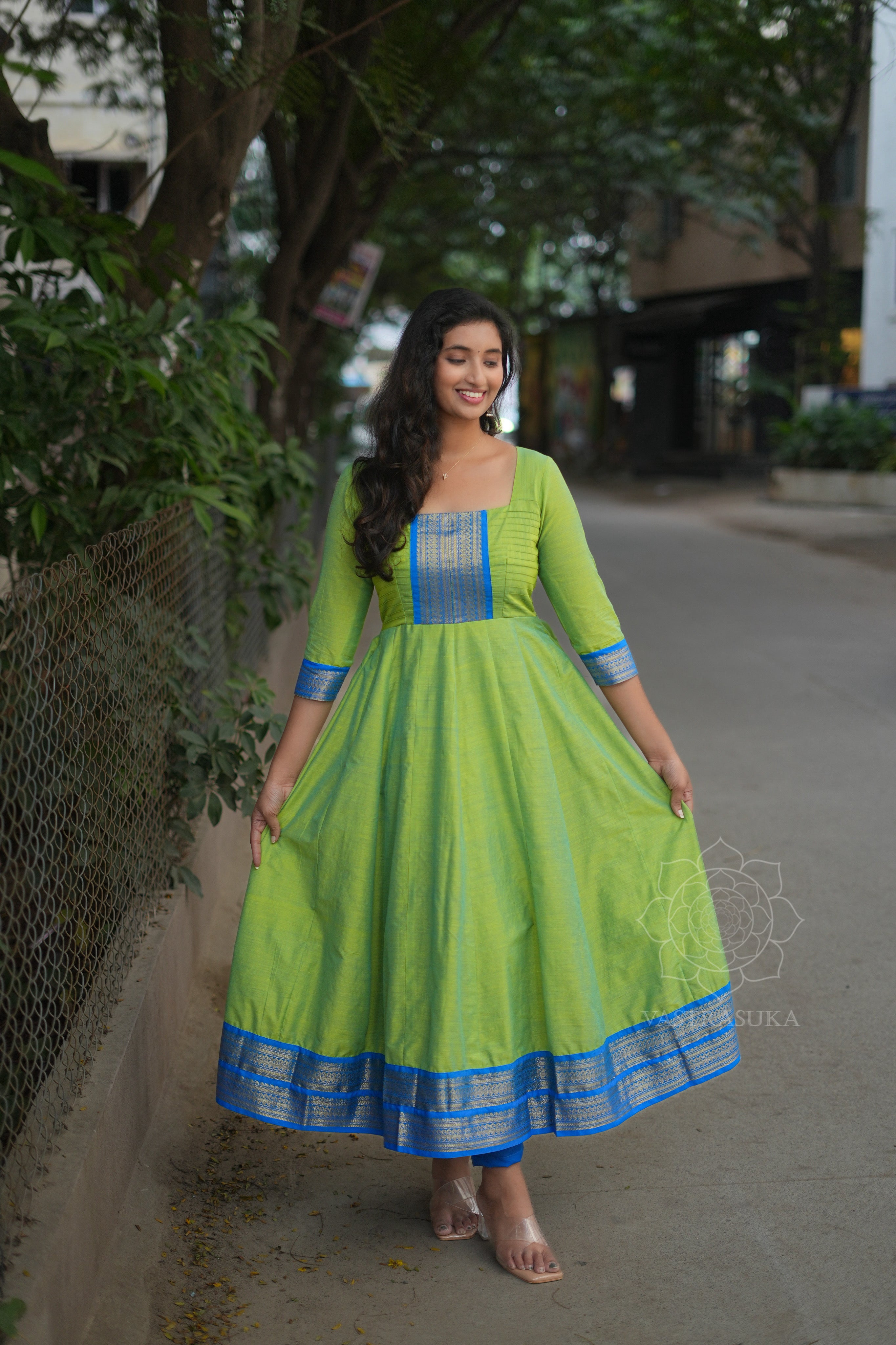 Olive green &amp; blue Kanchi cotton Anarkali
