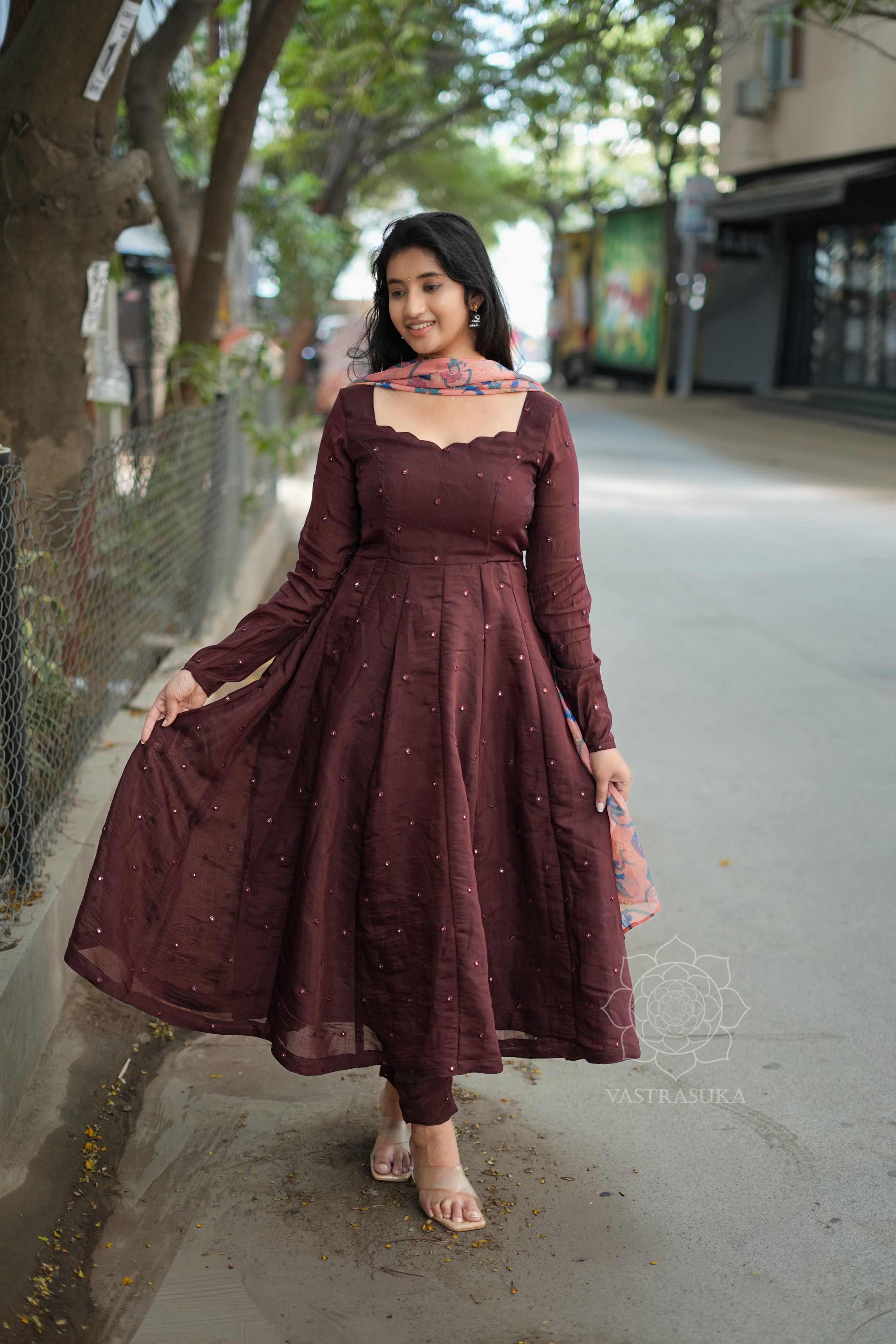 kalamkari anarkali dress designs Multicolor Georgette Kalamkari Full Sleeves Anarkali Suit Set (34-Maroon-AFNKB)