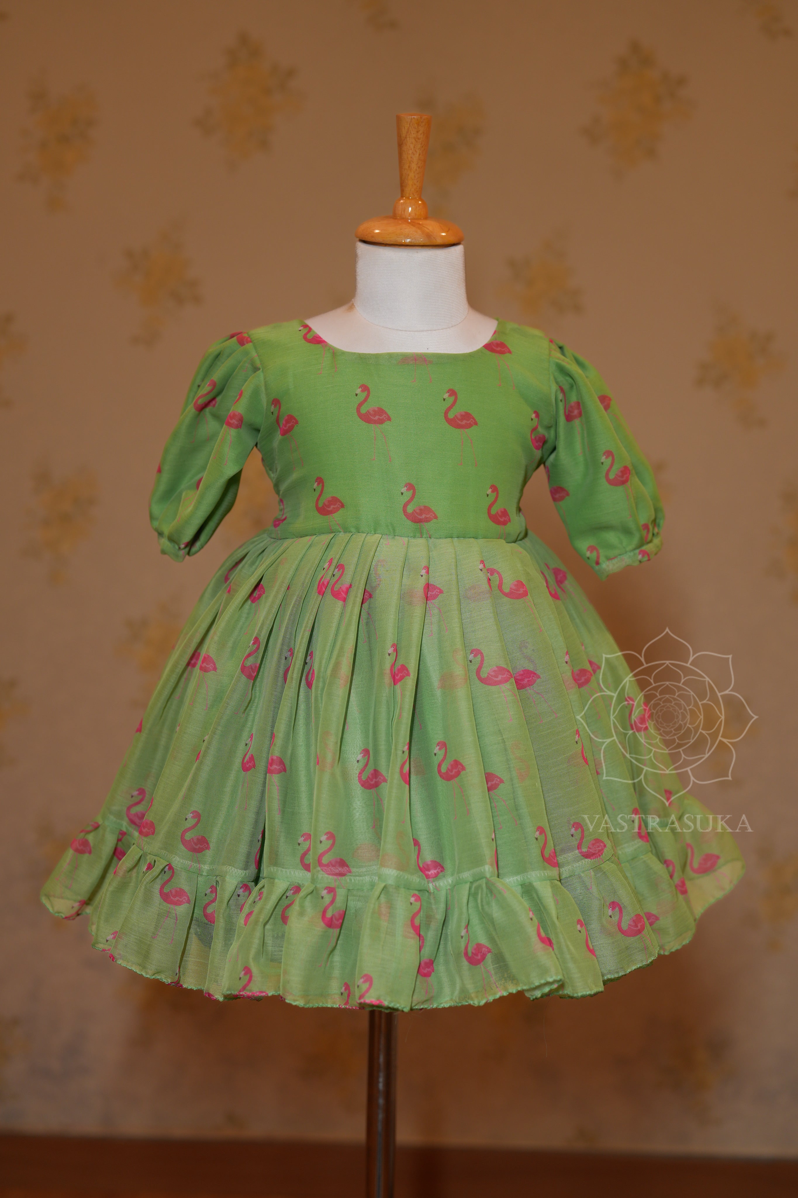 Pista green with pink flamingo Print kids wear