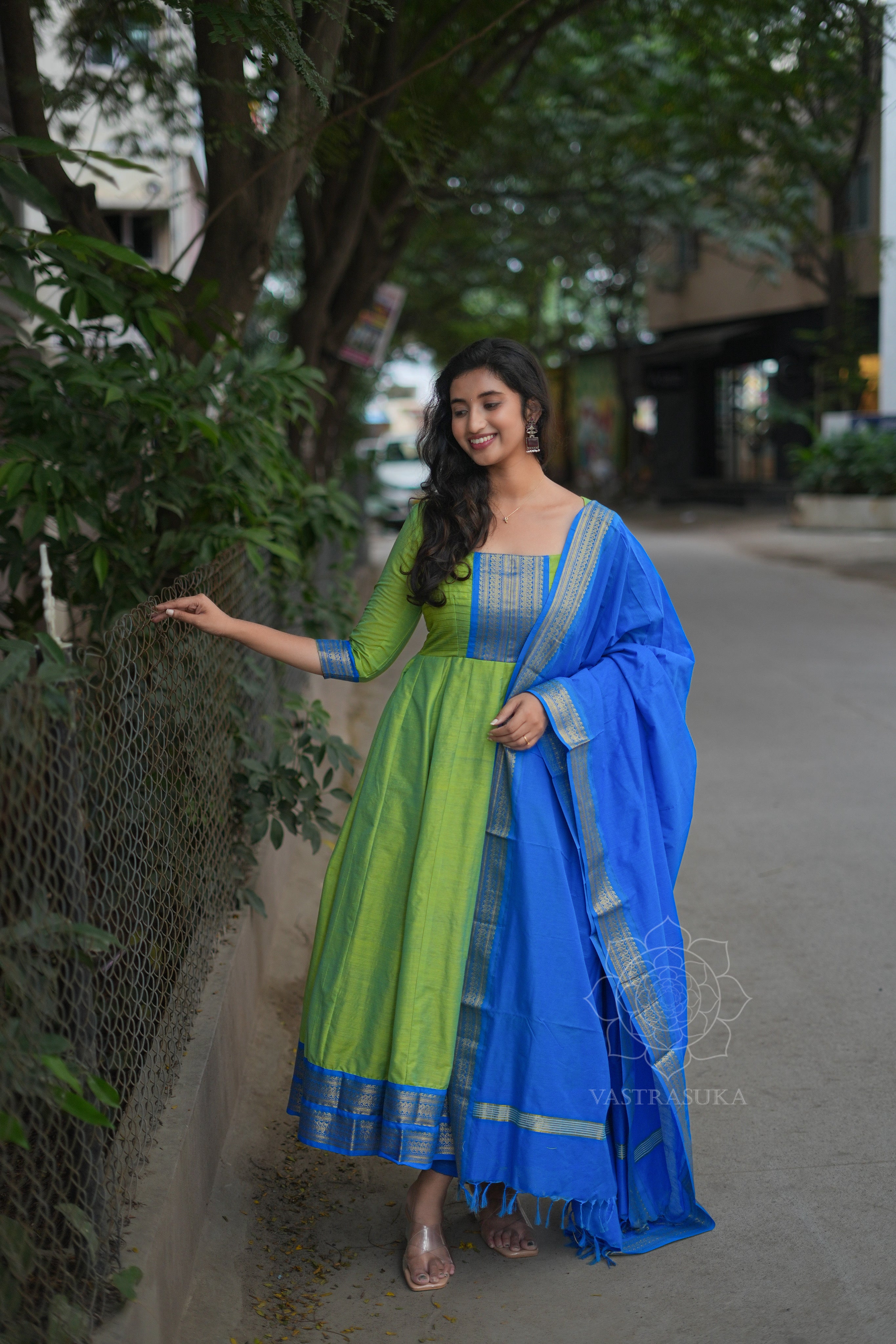 Olive green &amp; blue Kanchi cotton Anarkali