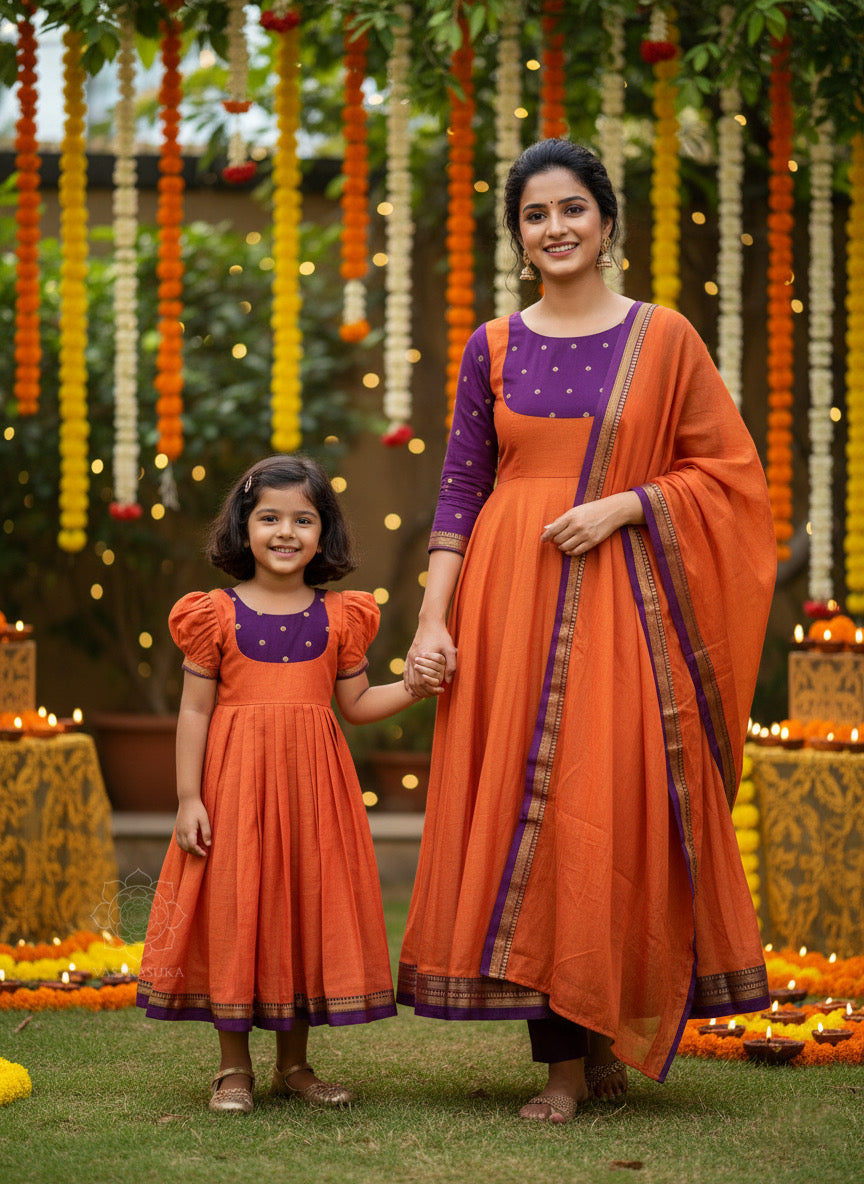Vibrant Rust Orange Handloom Mom & Daughter Combo Set