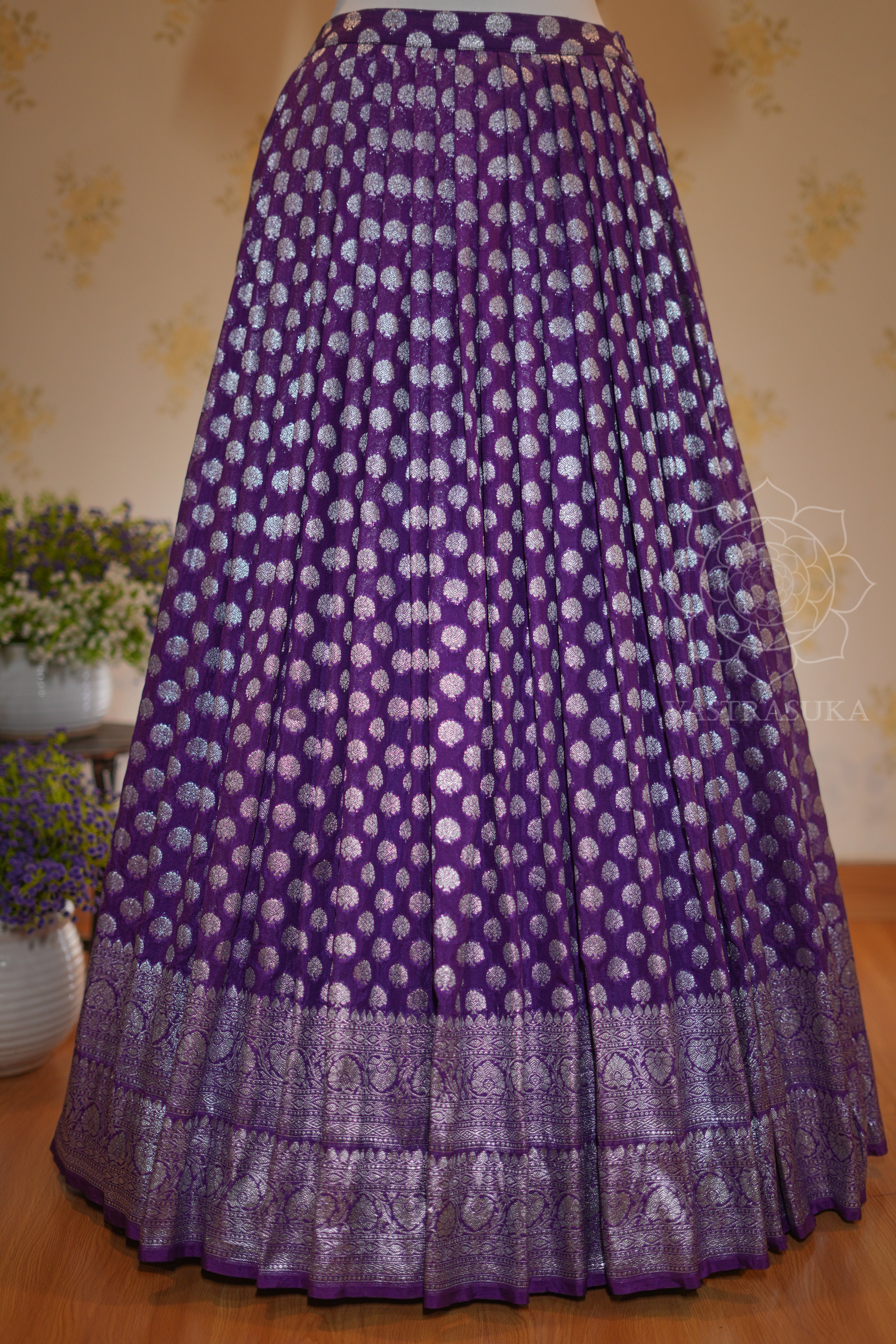 Purple silver kanchi half saree
