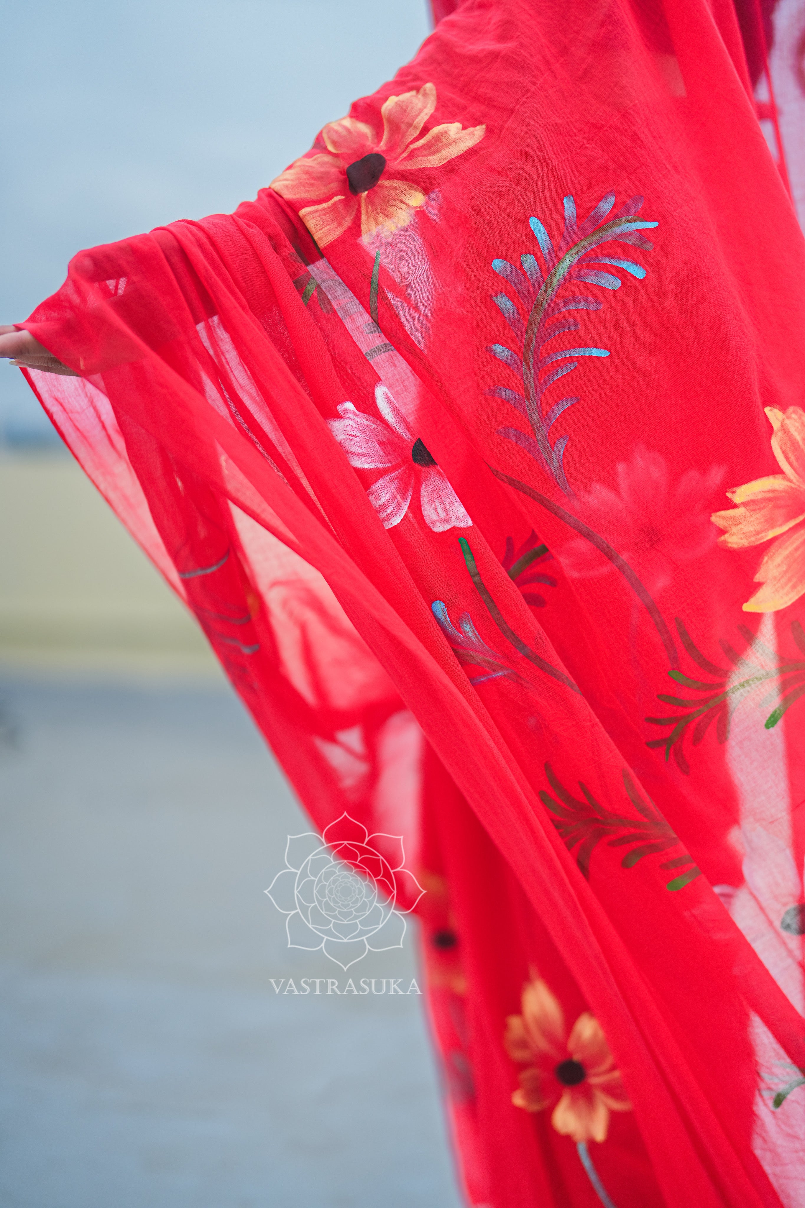 Red hand painted mul cotton saree