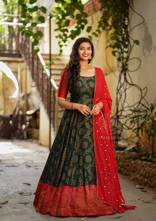 Bottle Green Red Banaras Dupion Bottle Green Red Banaras Dupion
