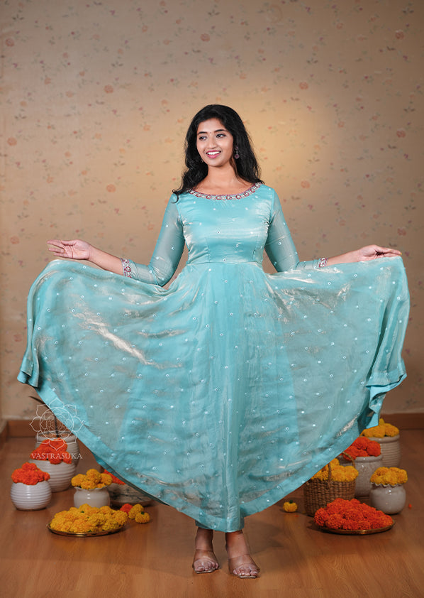 Cool Blue Space Silk Anarkali Set