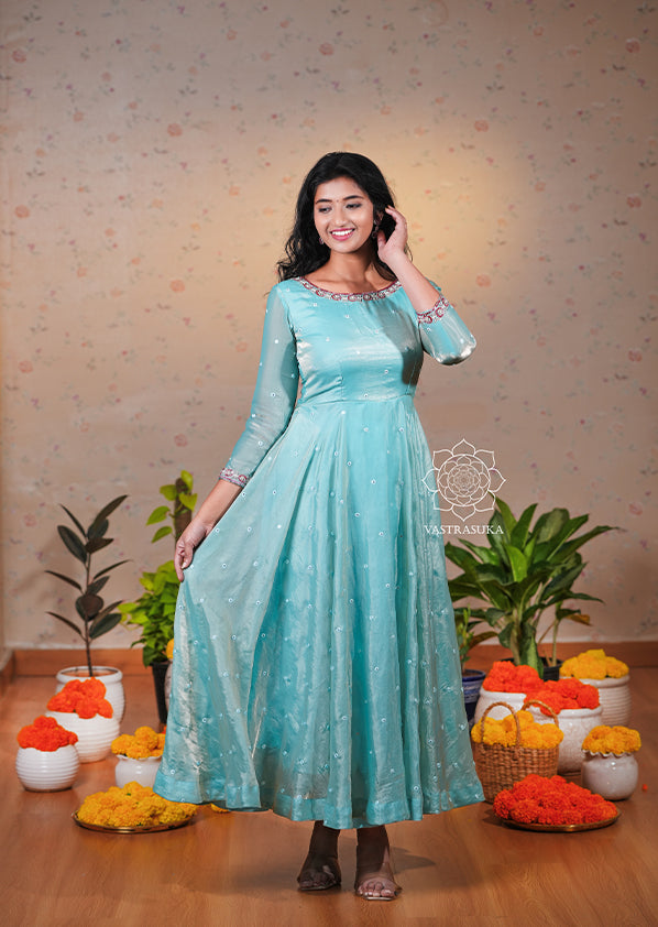 Cool Blue Space Silk Anarkali Set