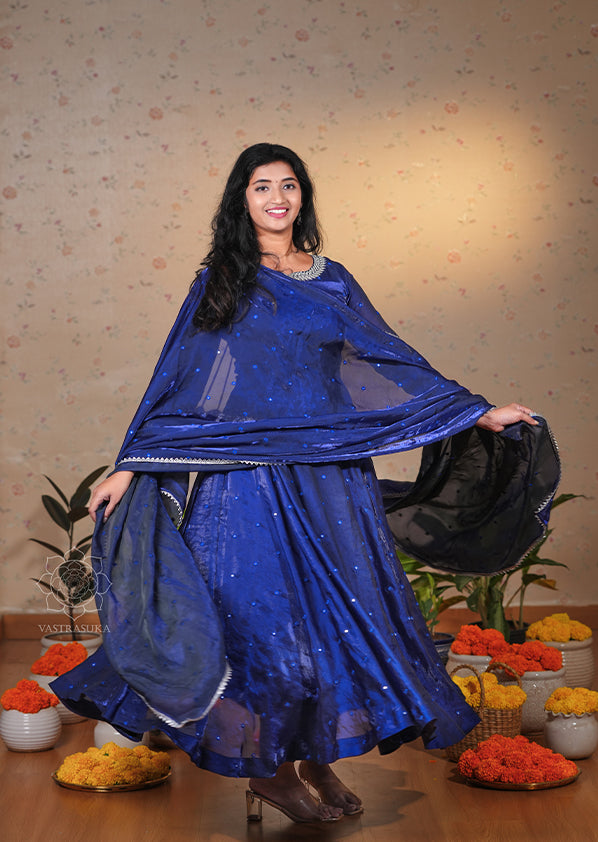 Sparkling Blue Space Silk Anarkali Set