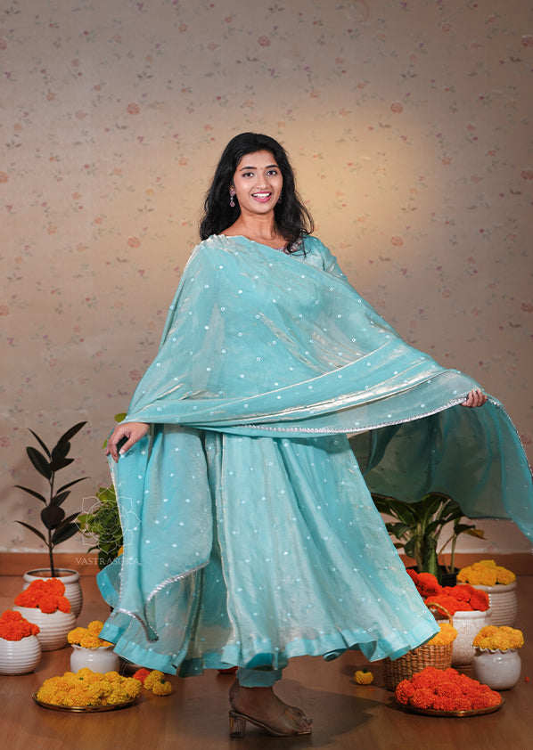 Cool Blue Space Silk Anarkali Set