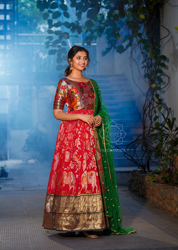Mehendi Color Patola Paithani Printed And Foil Printed Silk Gown – Yana Fab