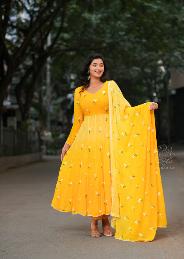 Yellow and Light Yellow Ombré Anarkali Dress