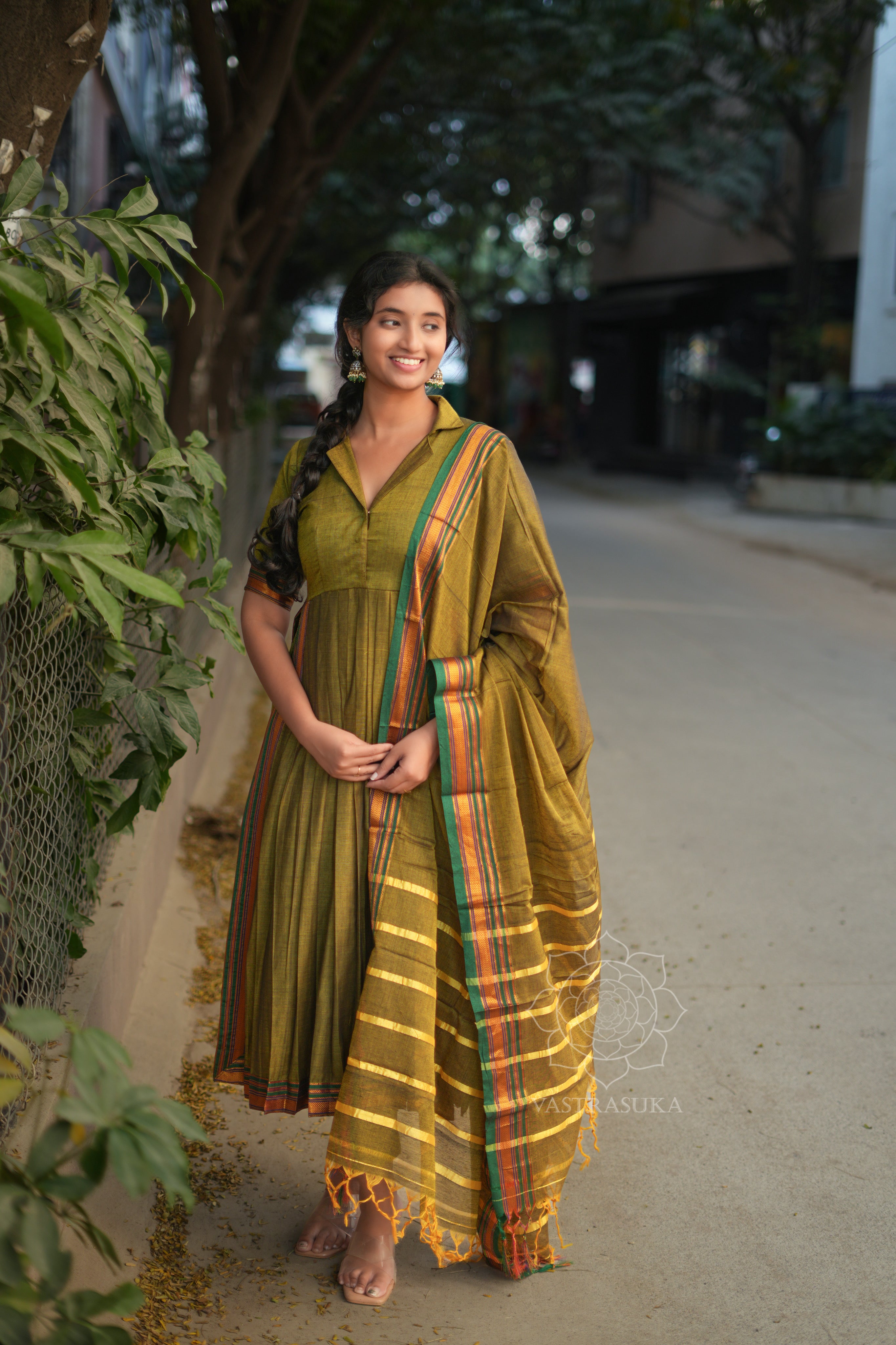 Mehandi green handloom frill kurti anarkali set