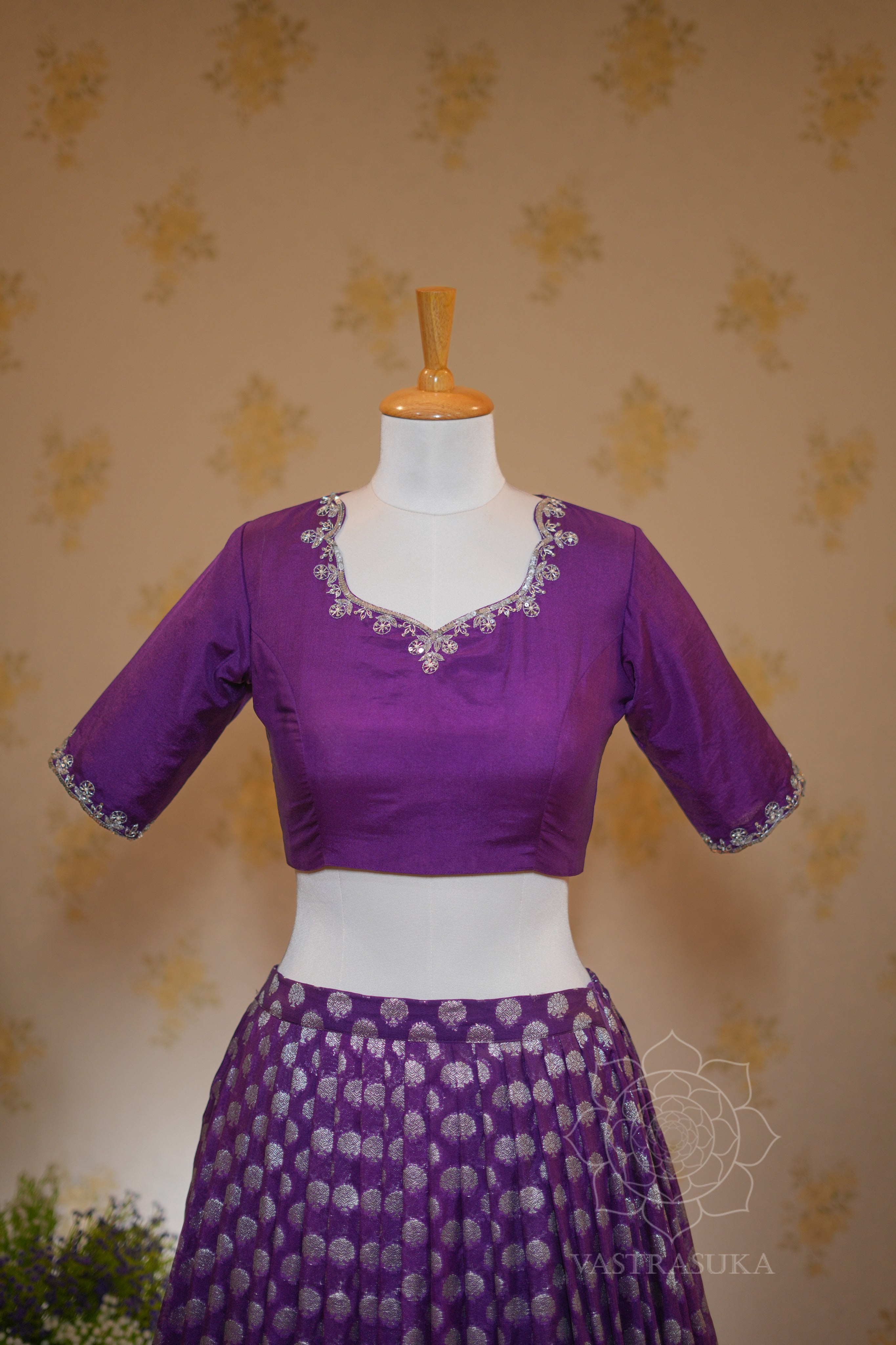 Purple silver kanchi half saree