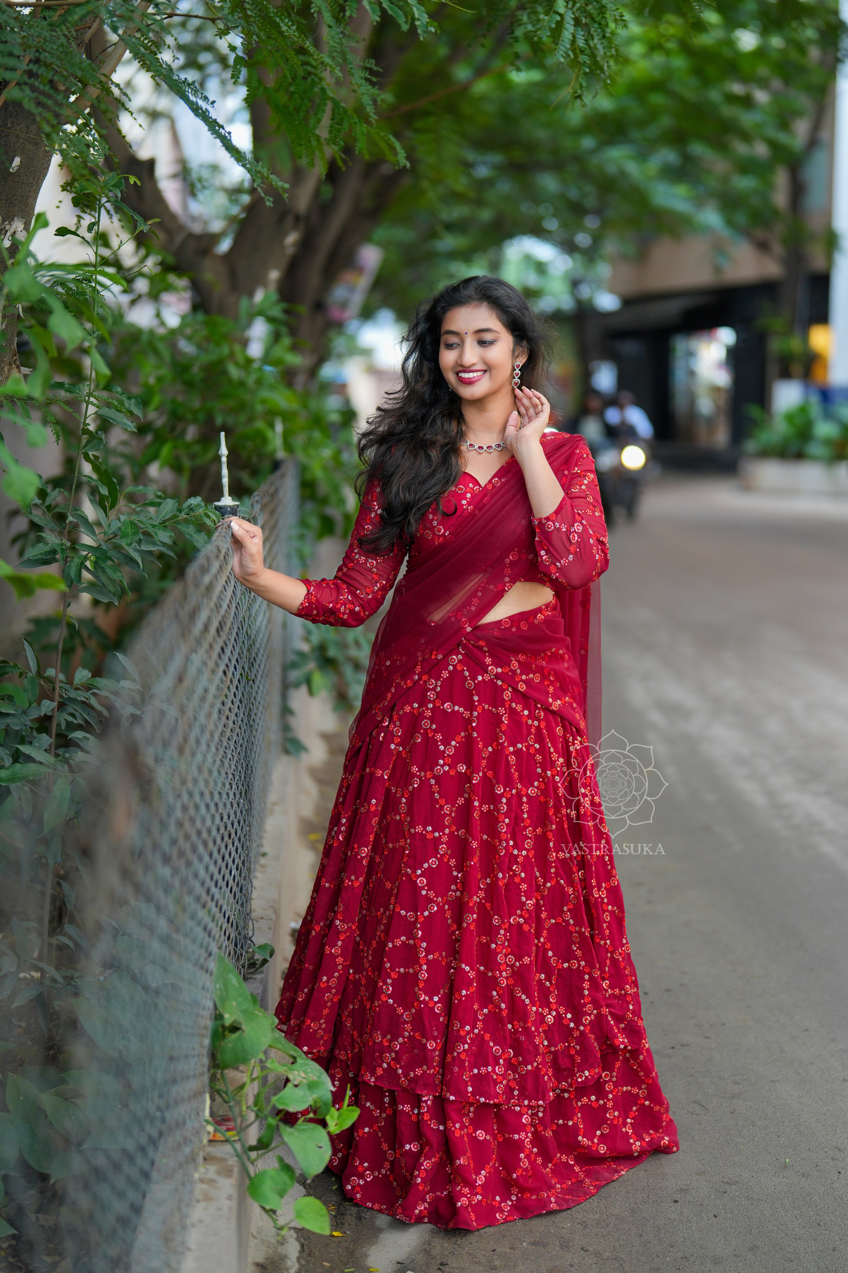 Rose Red Embroidered Lehenga Set