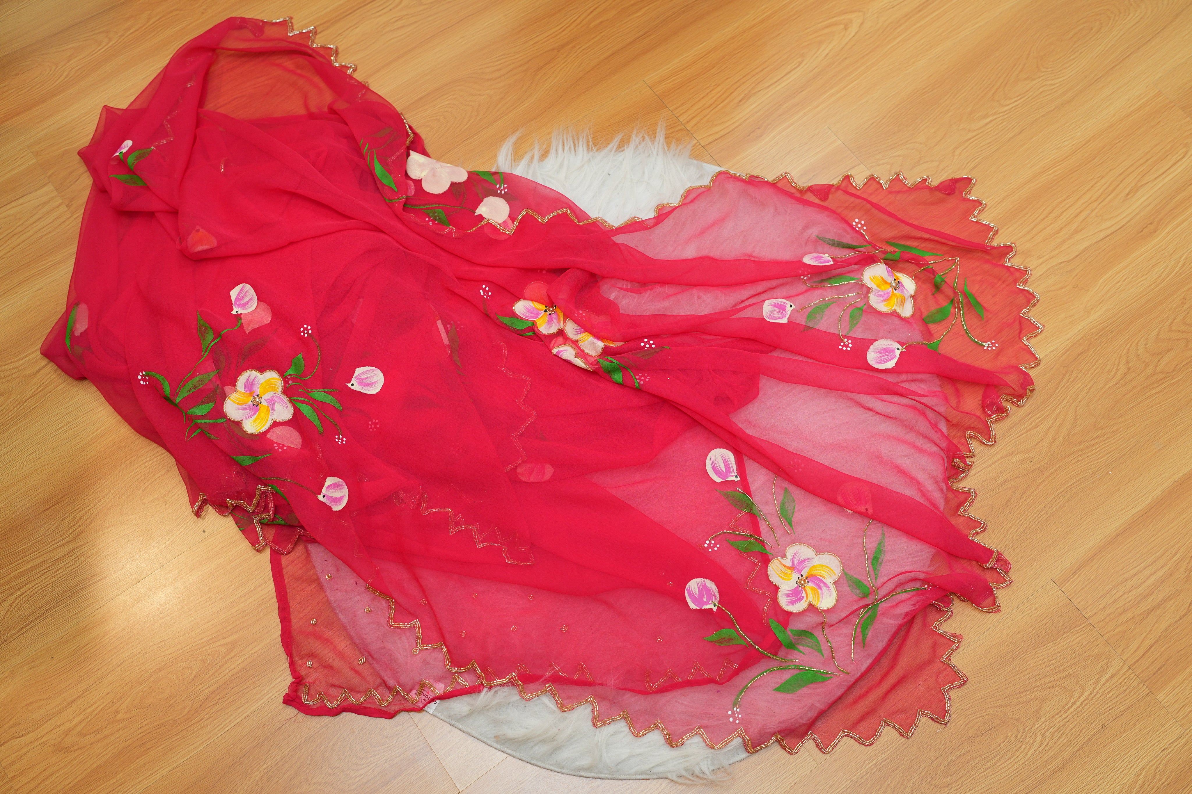 Red Hand-Painted Georgette Saree with Exquisite Handwork Detailing