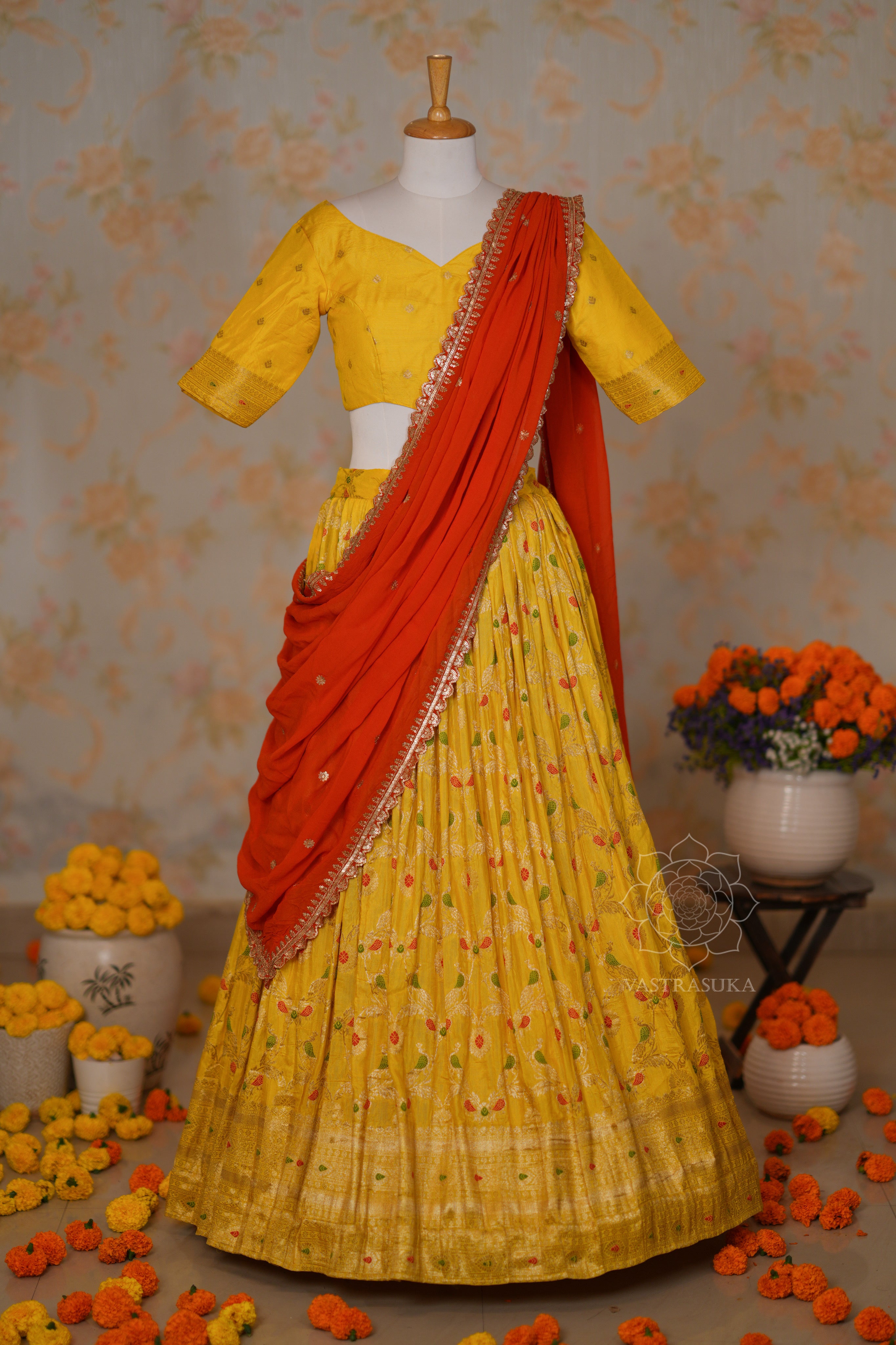 Yellow Zari Weaved Half Saree