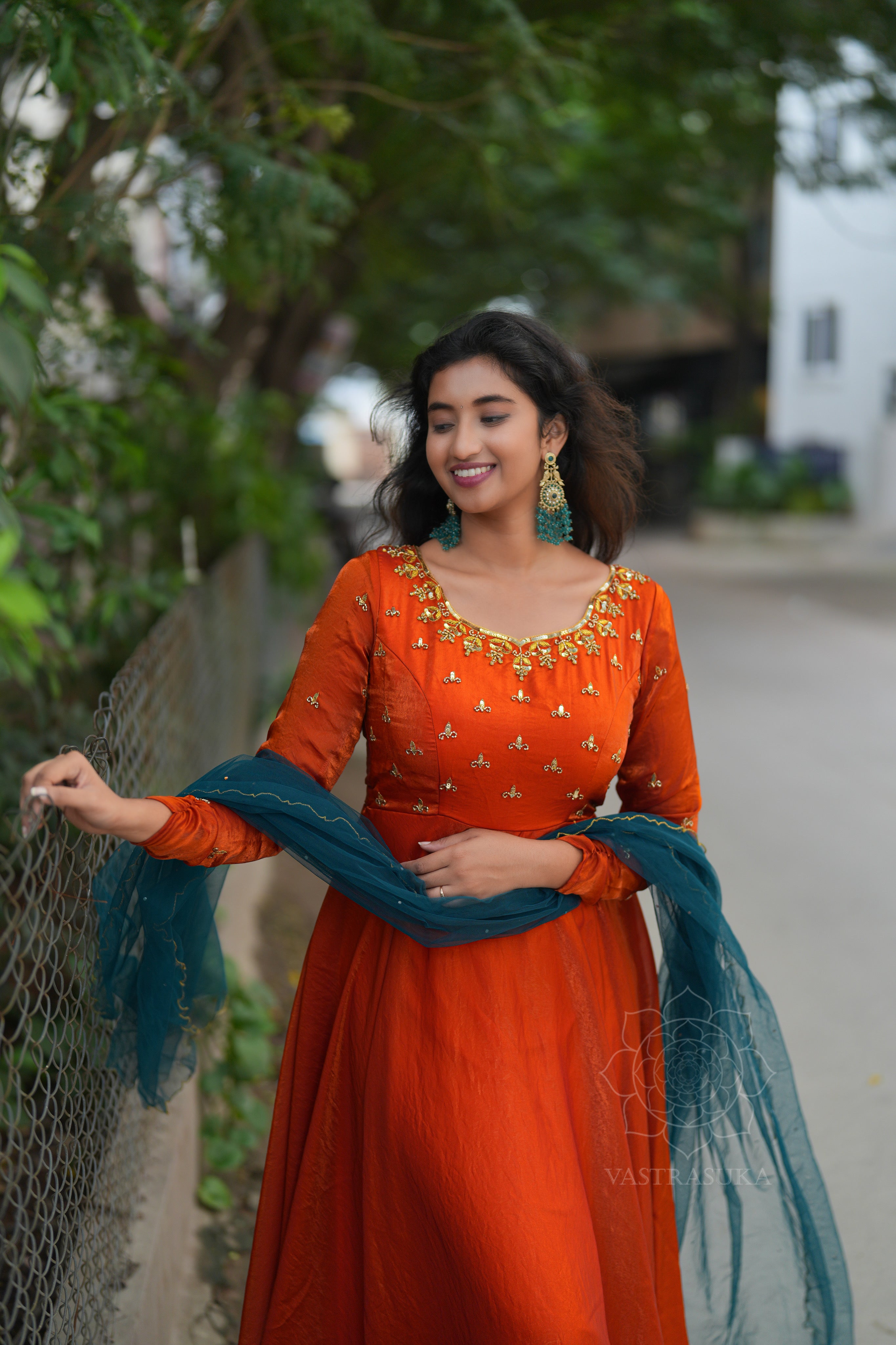 Rust orange space silk Anarkali