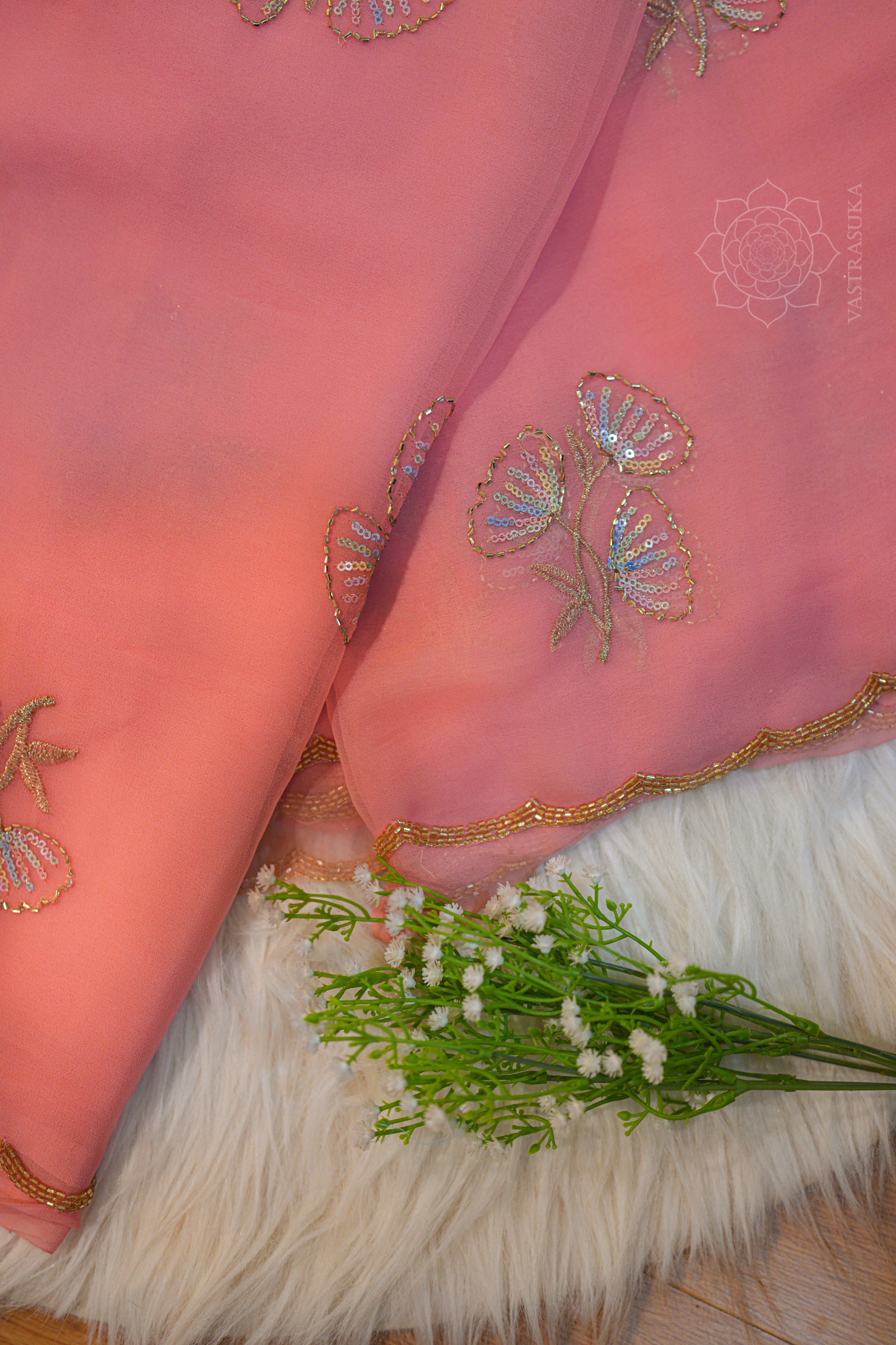 Peach Pink Georgette Handwork Saree