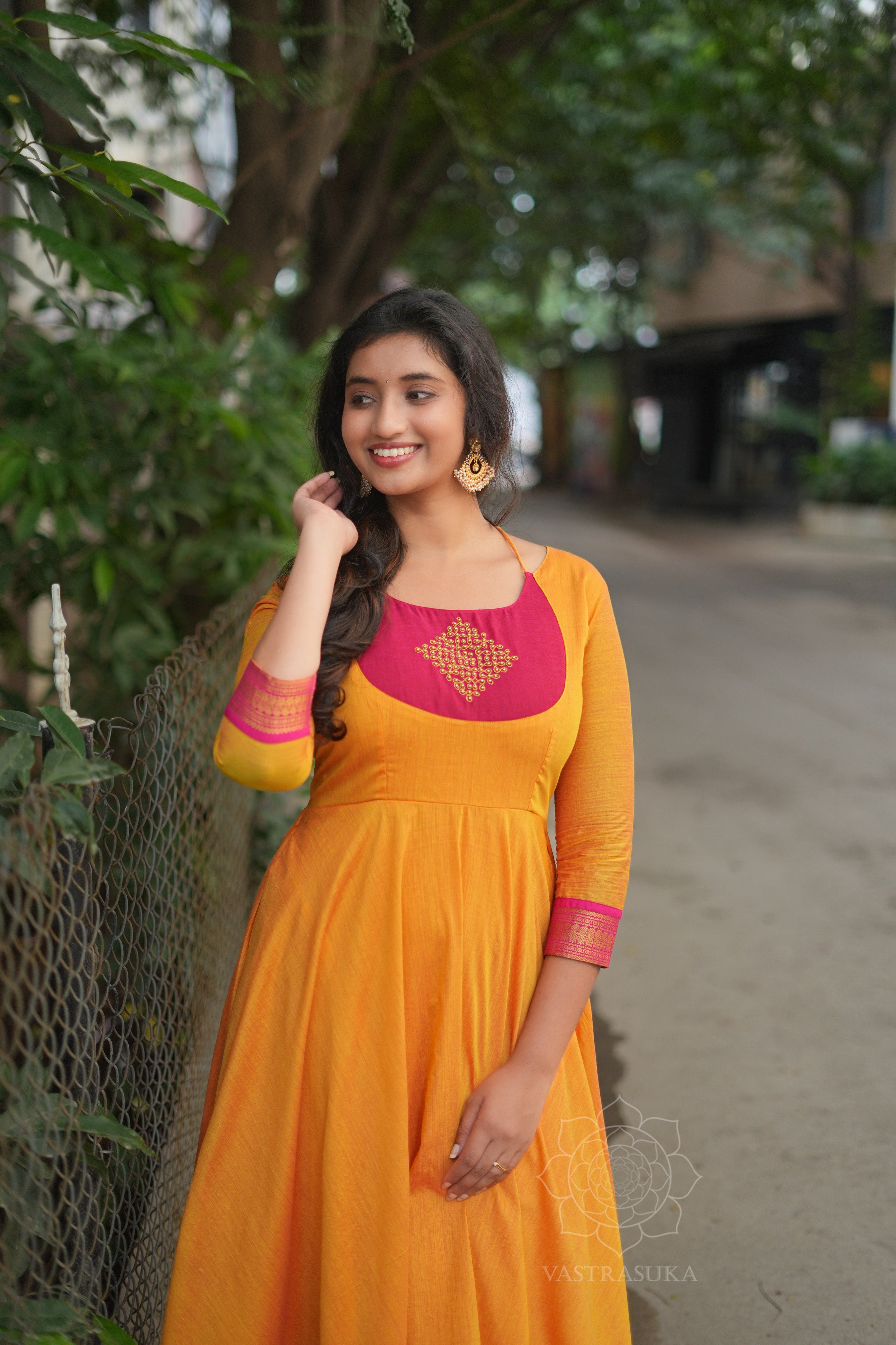 Mustard & pink Kanchi cotton Anarkali