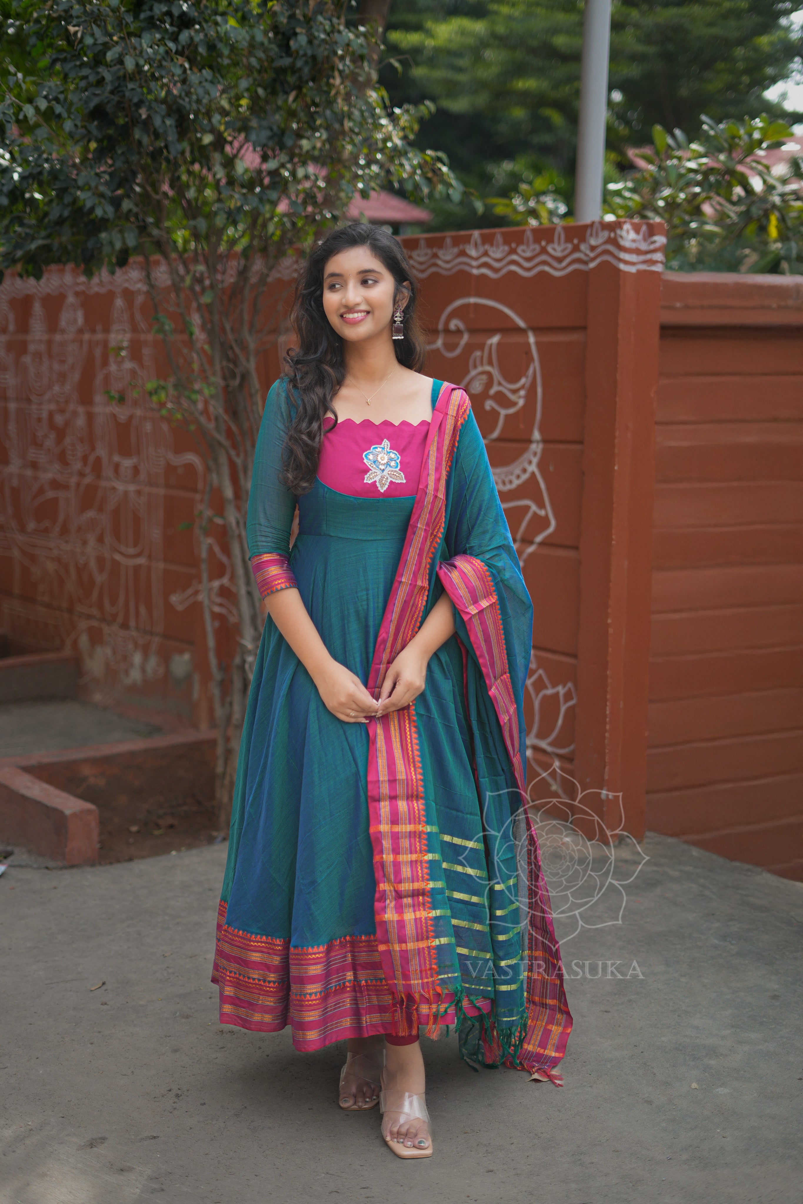 Teal blue handloom Anarkali