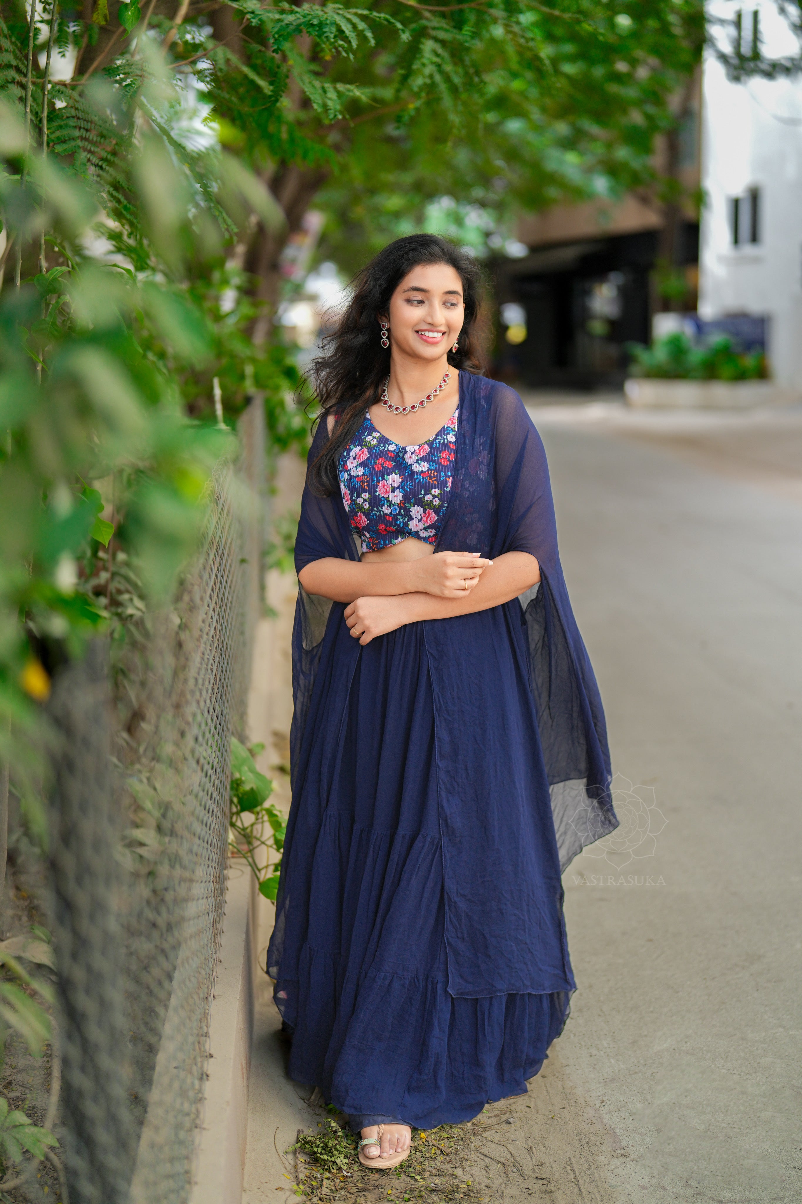 Navy blue layered Lehanga crop top