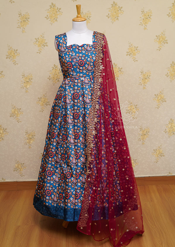 Teal Kalamkari Silk Long Dress