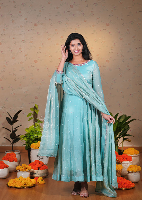 Cool Blue Space Silk Anarkali Set