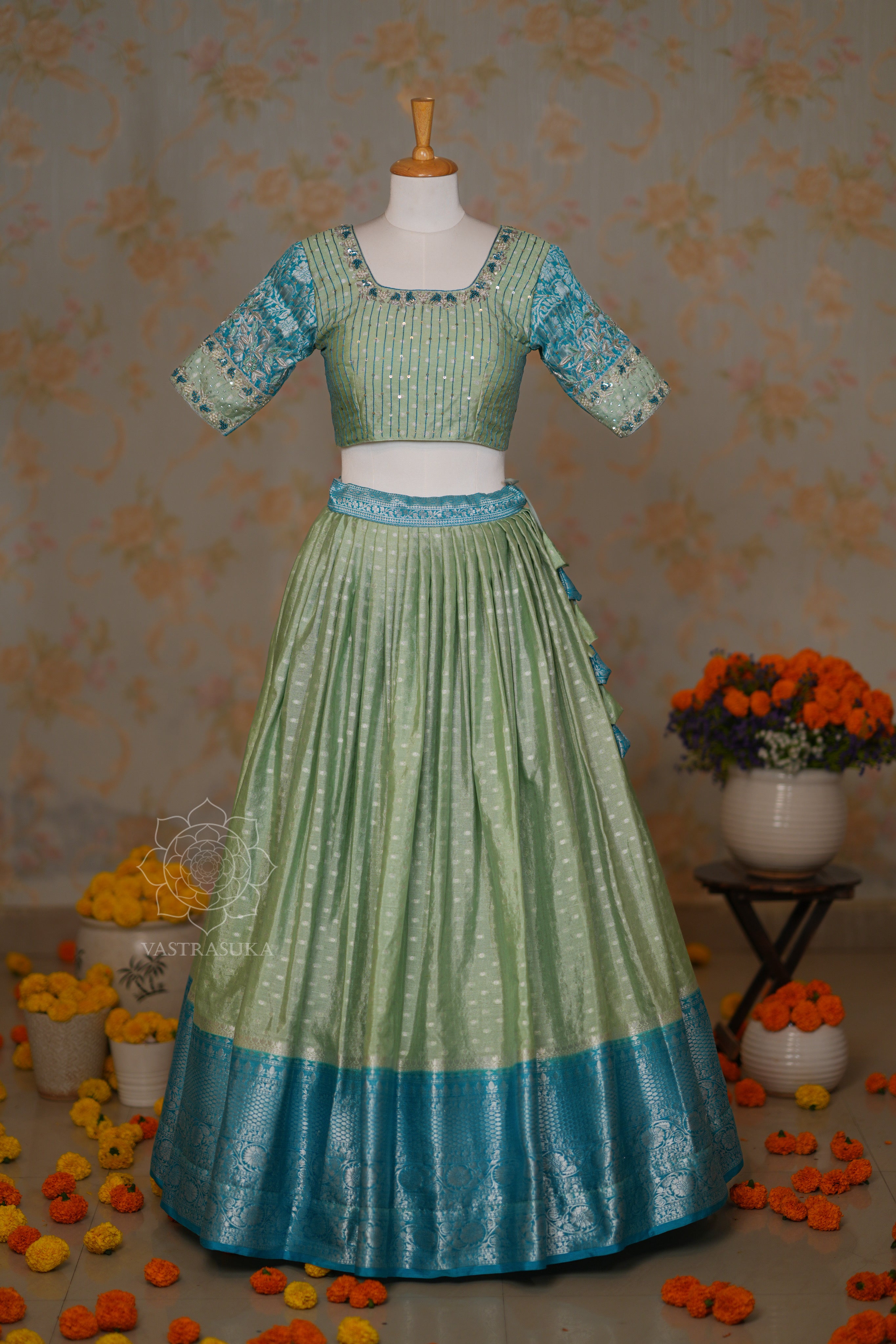 Pista and Teal Lehenga Set