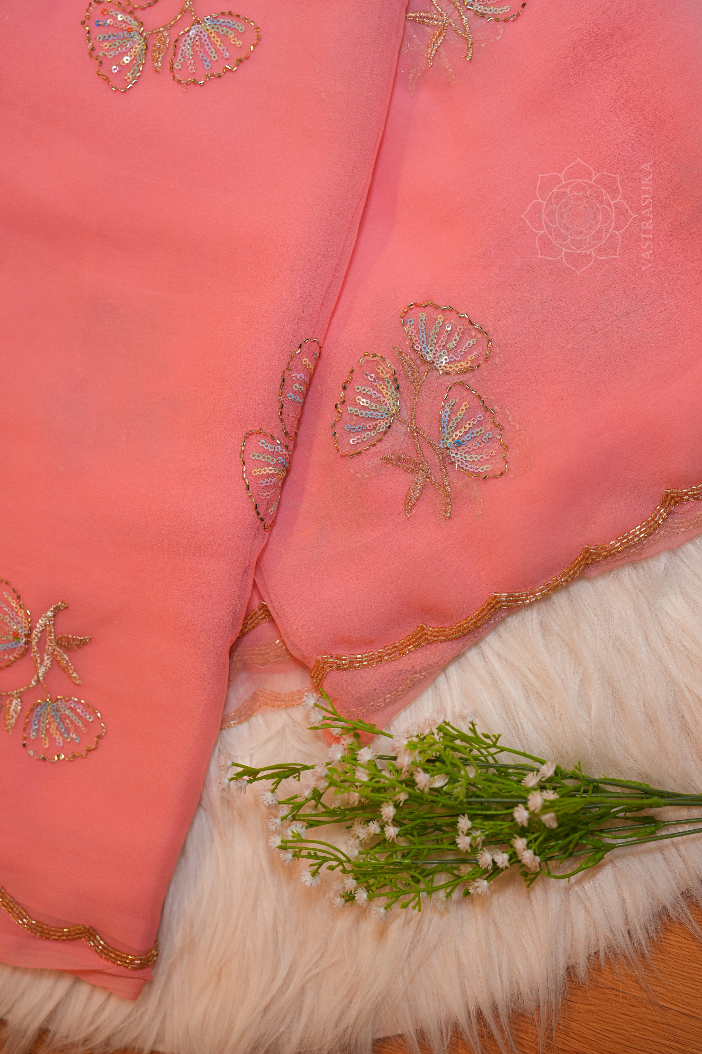 Peach Pink Georgette Handwork Saree