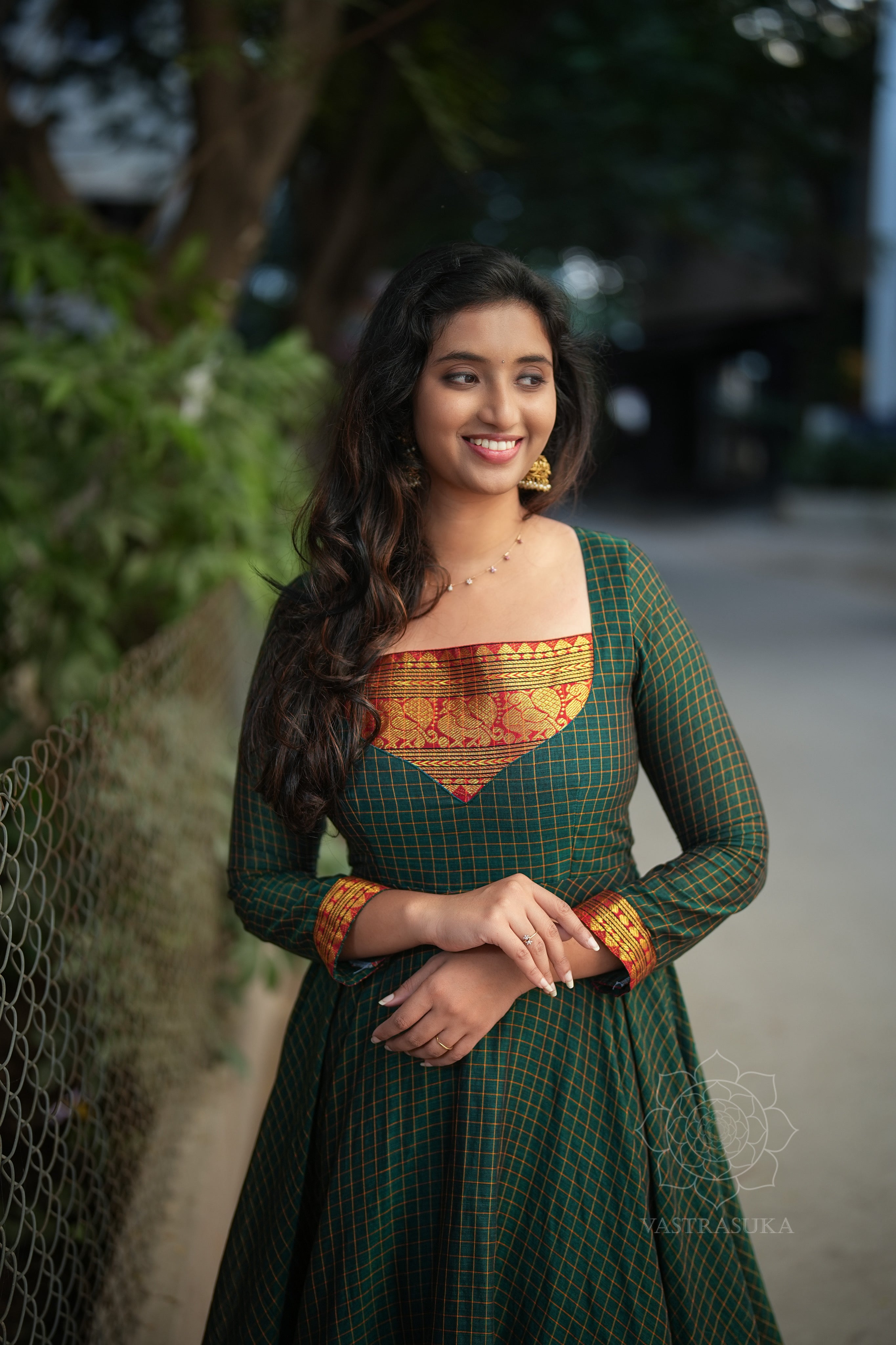 Bottle green checks Anarkali handloom
