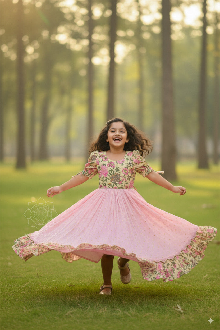 Baby Pink Patterned Long Kids Dress