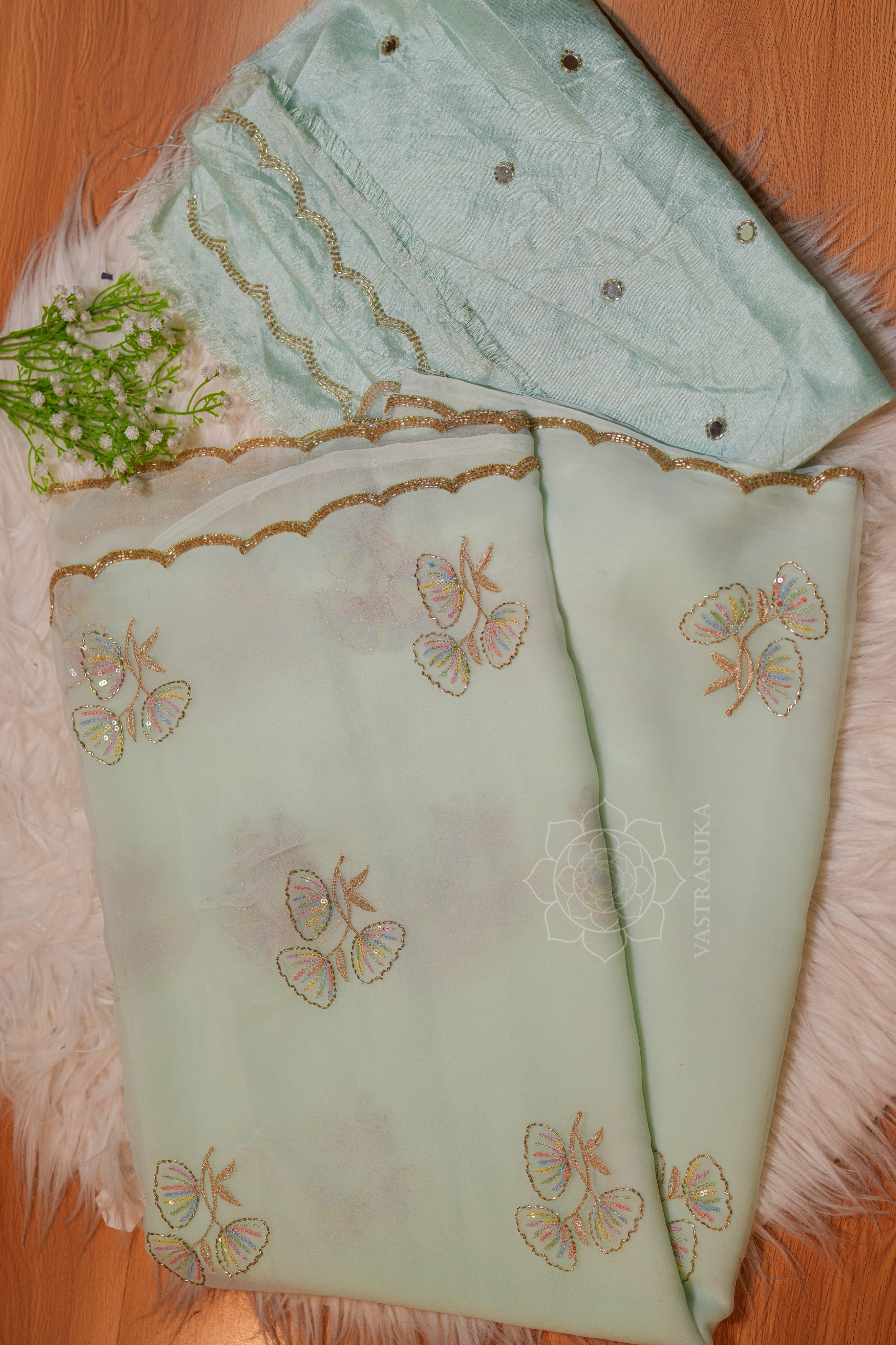 Pista Mint Georgette Handwork Saree