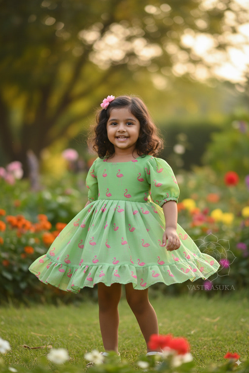 Pista green with pink flamingo Print kids wear