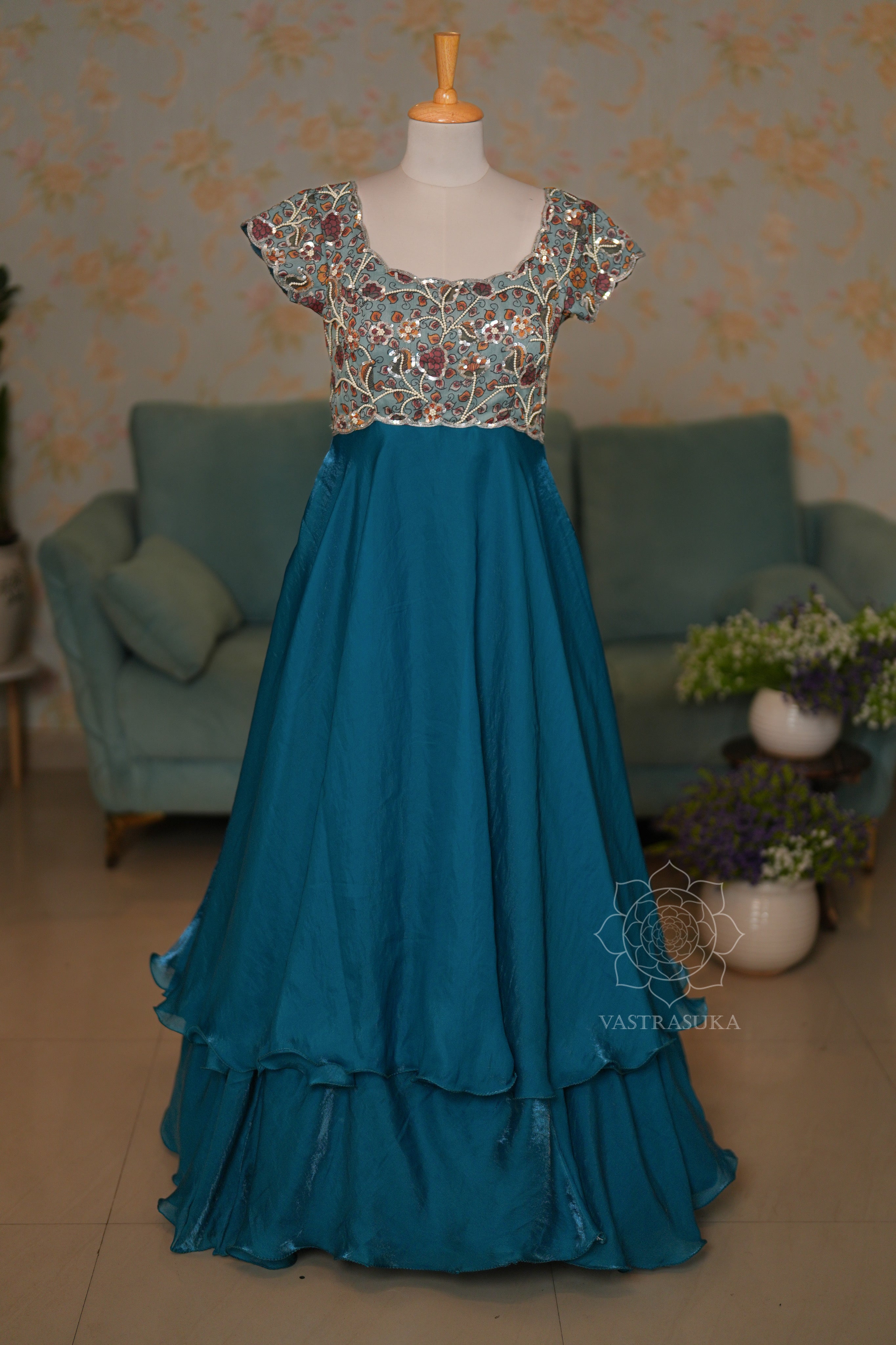 Teal blue kalamkari Long Dress Set