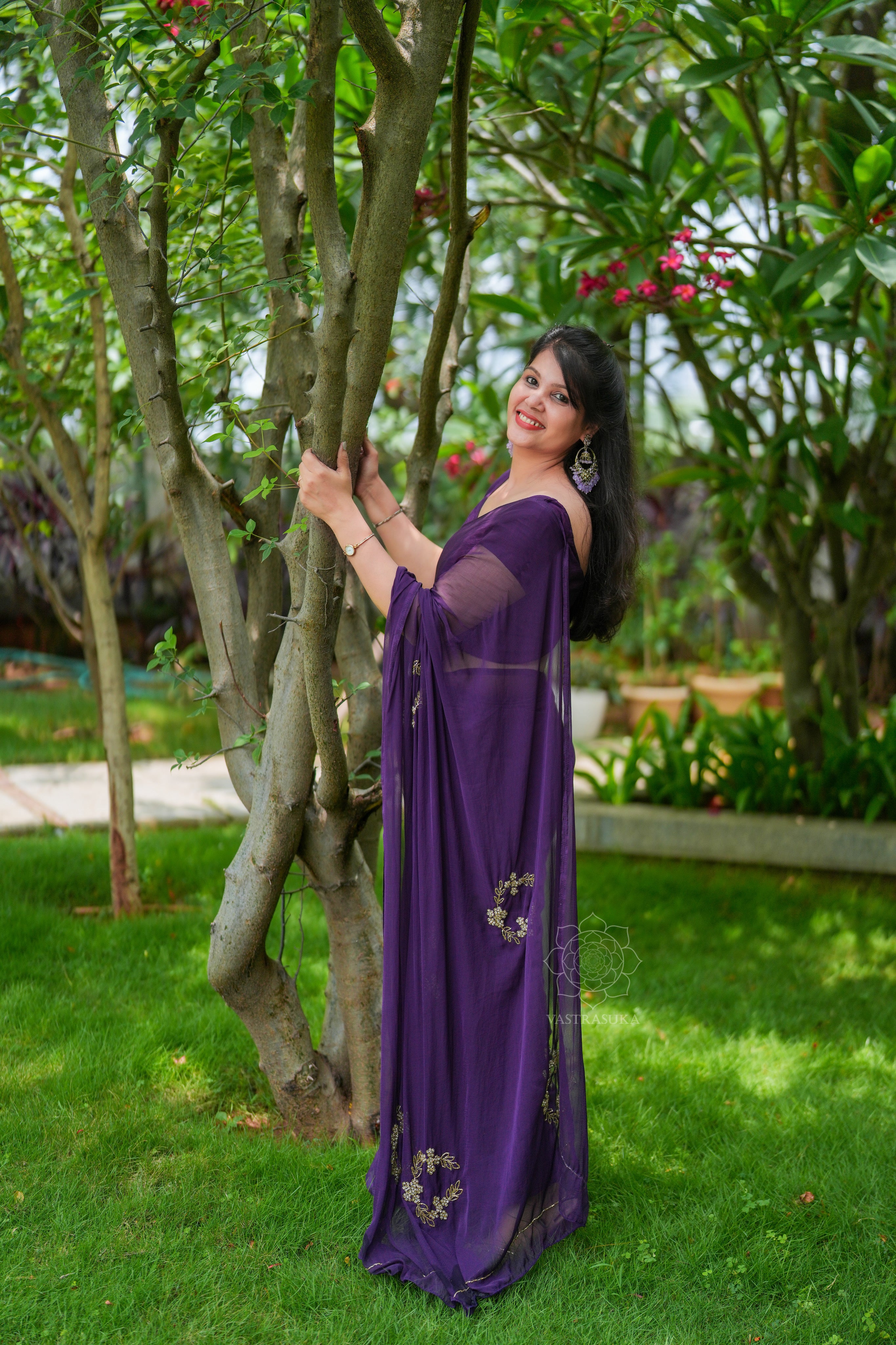 Purple hand emroidery chiffon saree