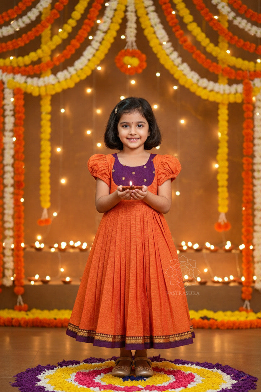 Vibrant Rust Orange Handloom Mom & Daughter Combo Set