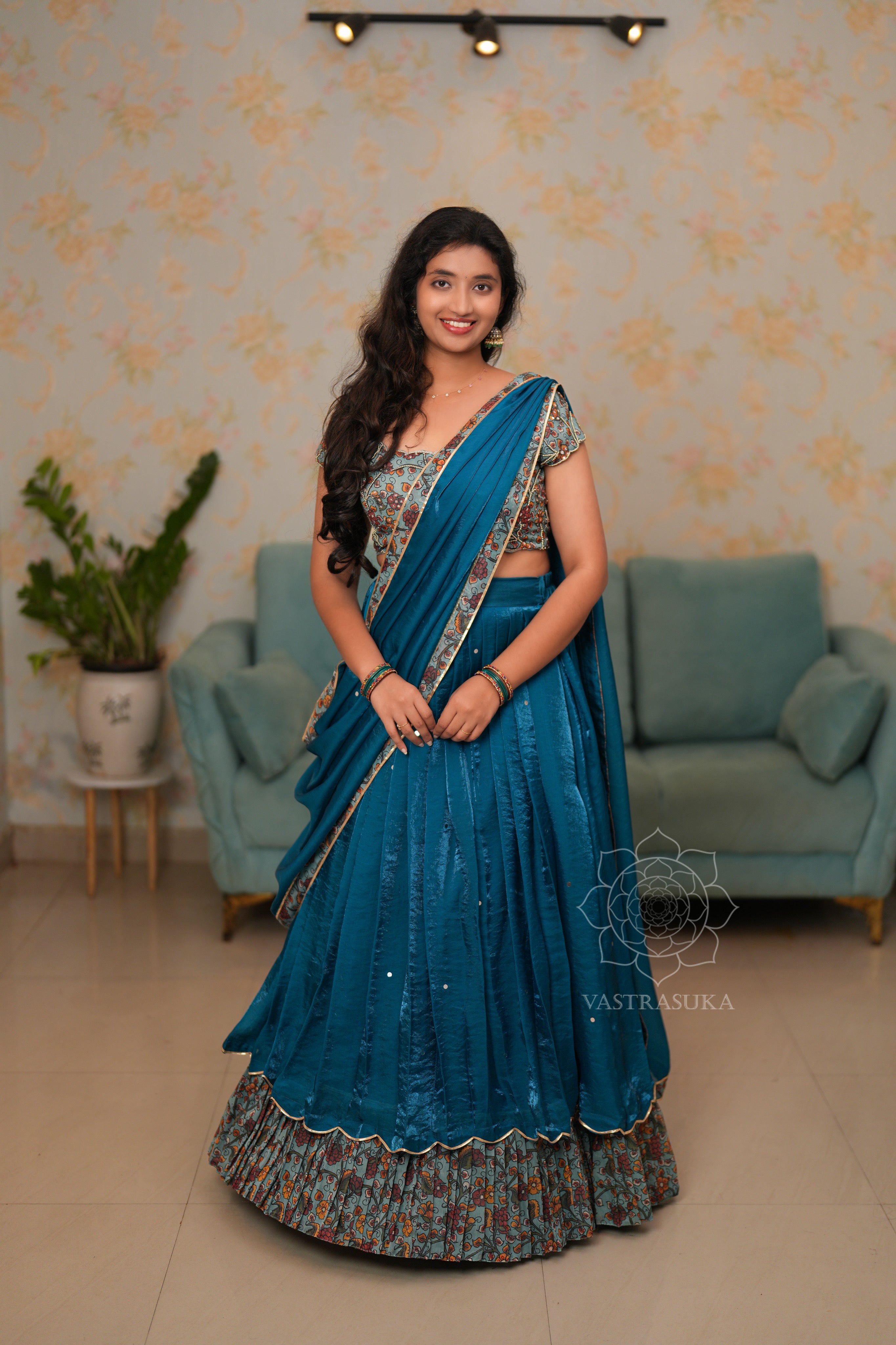 Teal blue kalamkari lehanga set