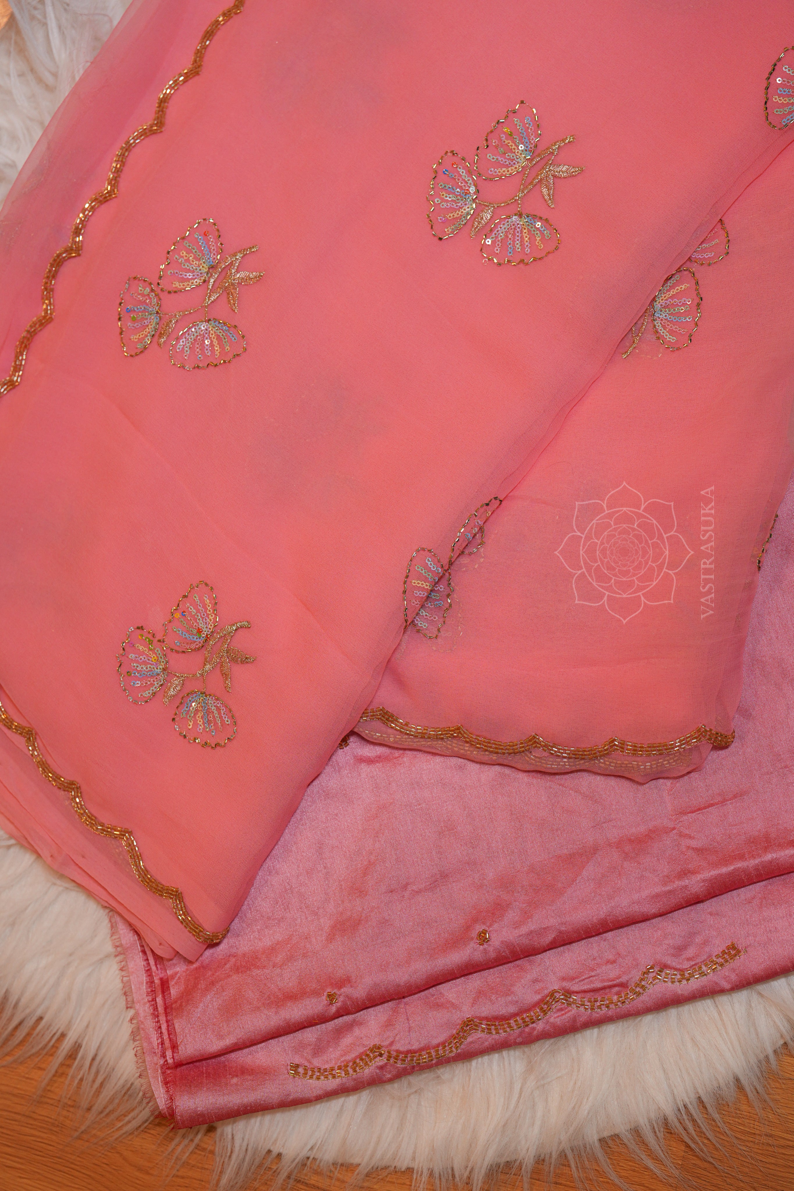 Peach Pink Georgette Handwork Saree