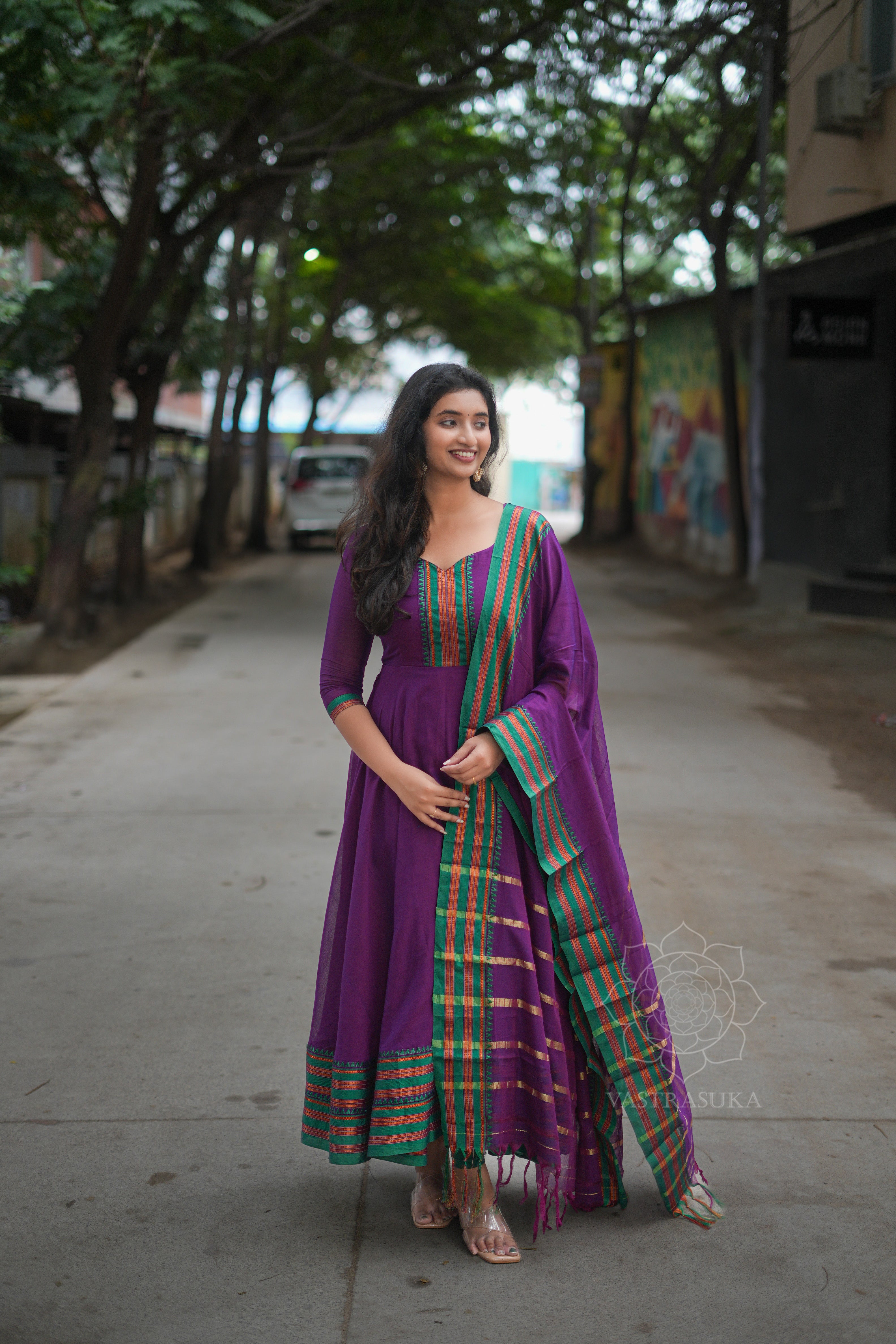 Purple violet handloom Anarkali