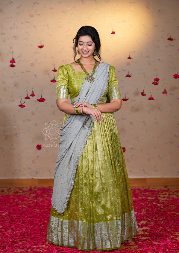 Olive Green Metallic Tissue Half Saree