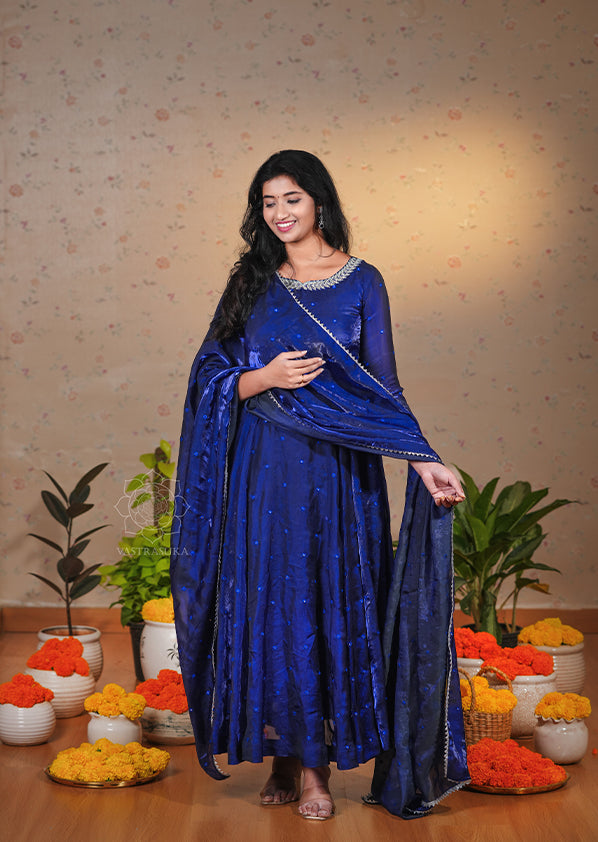 Sparkling Blue Space Silk Anarkali Set